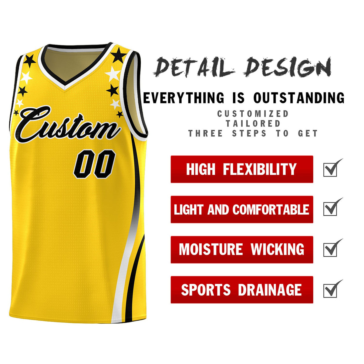Custom Gold Shoulders Star Pattern Side Color Block Sports Uniform Basketball Jersey