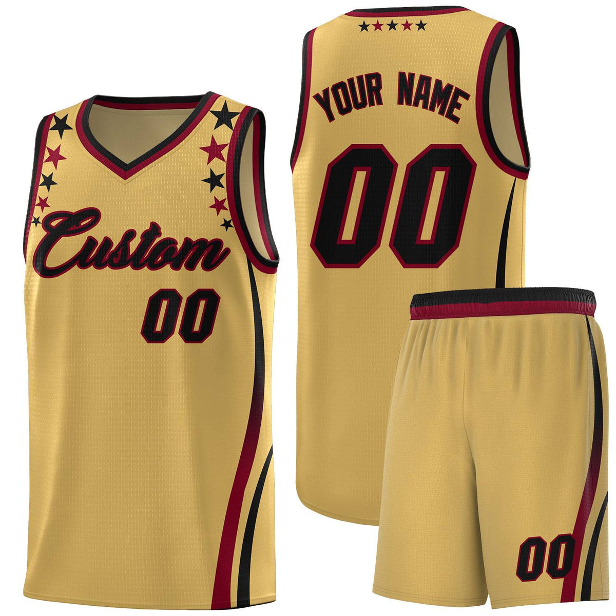 Custom Old Gold Shoulders Star Pattern Side Color Block Sports Uniform Basketball Jersey