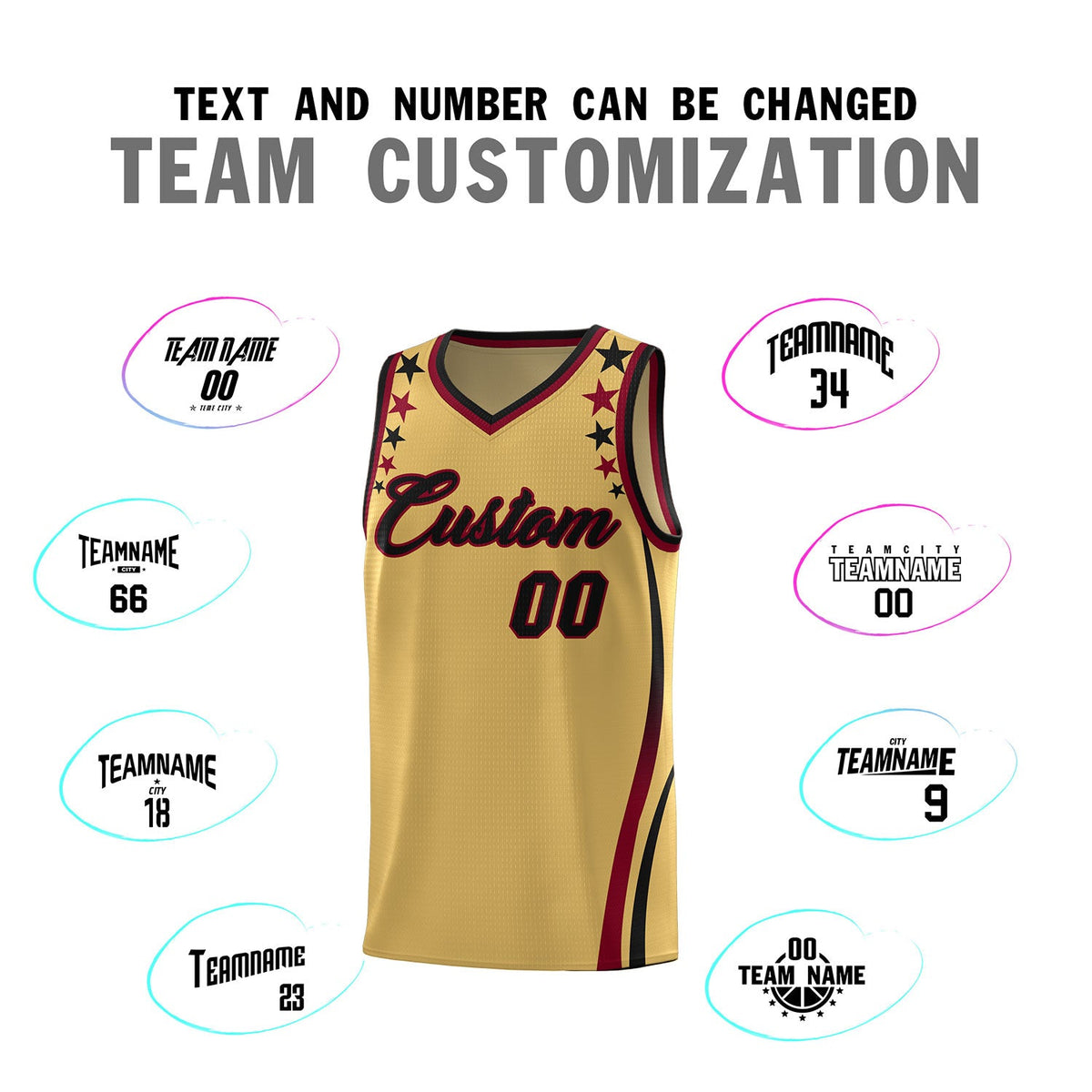 Custom Old Gold Shoulders Star Pattern Side Color Block Sports Uniform Basketball Jersey