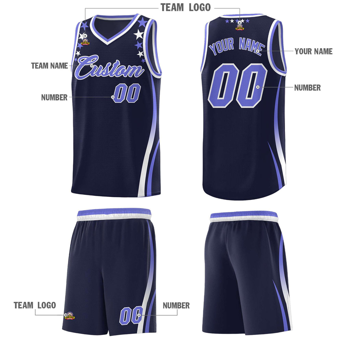Custom Navy Shoulders Star Pattern Side Color Block Sports Uniform Basketball Jersey