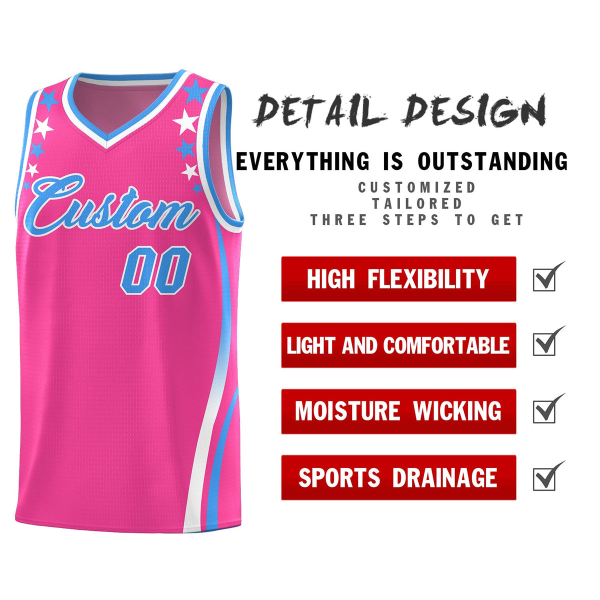 Custom Pink Shoulders Star Pattern Side Color Block Sports Uniform Basketball Jersey