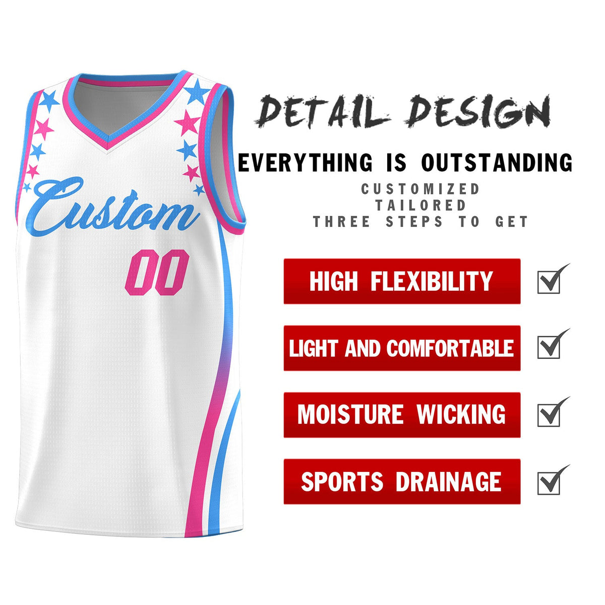 Custom White Shoulders Star Pattern Side Color Block Sports Uniform Basketball Jersey
