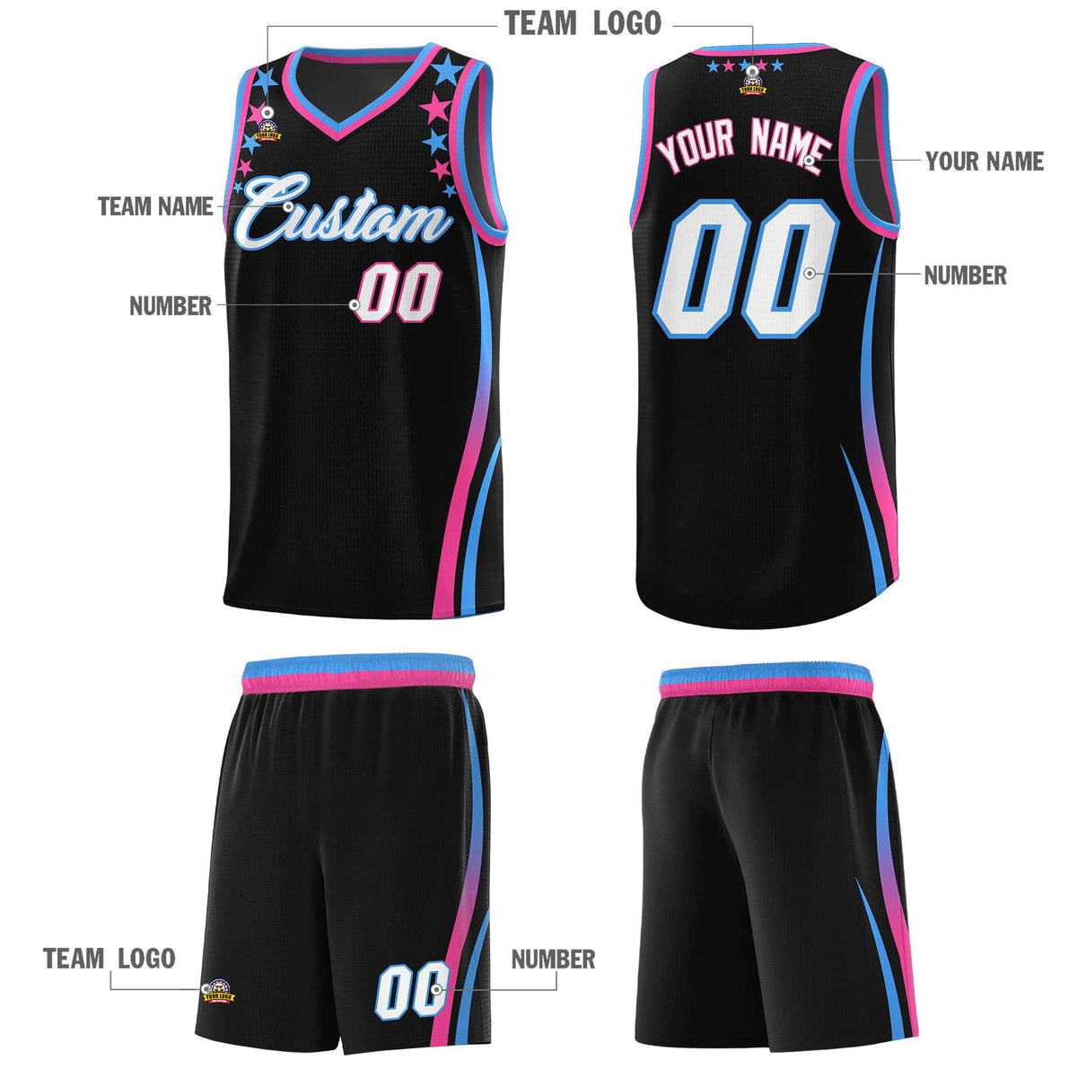 Custom Black Shoulders Star Pattern Side Color Block Sports Uniform Basketball Jersey