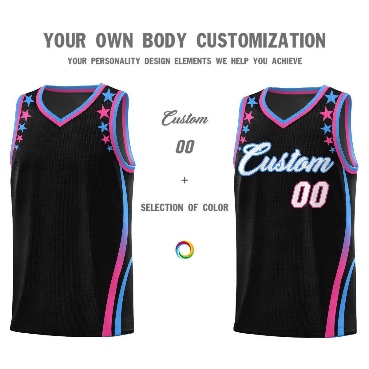 Custom Black Shoulders Star Pattern Side Color Block Sports Uniform Basketball Jersey