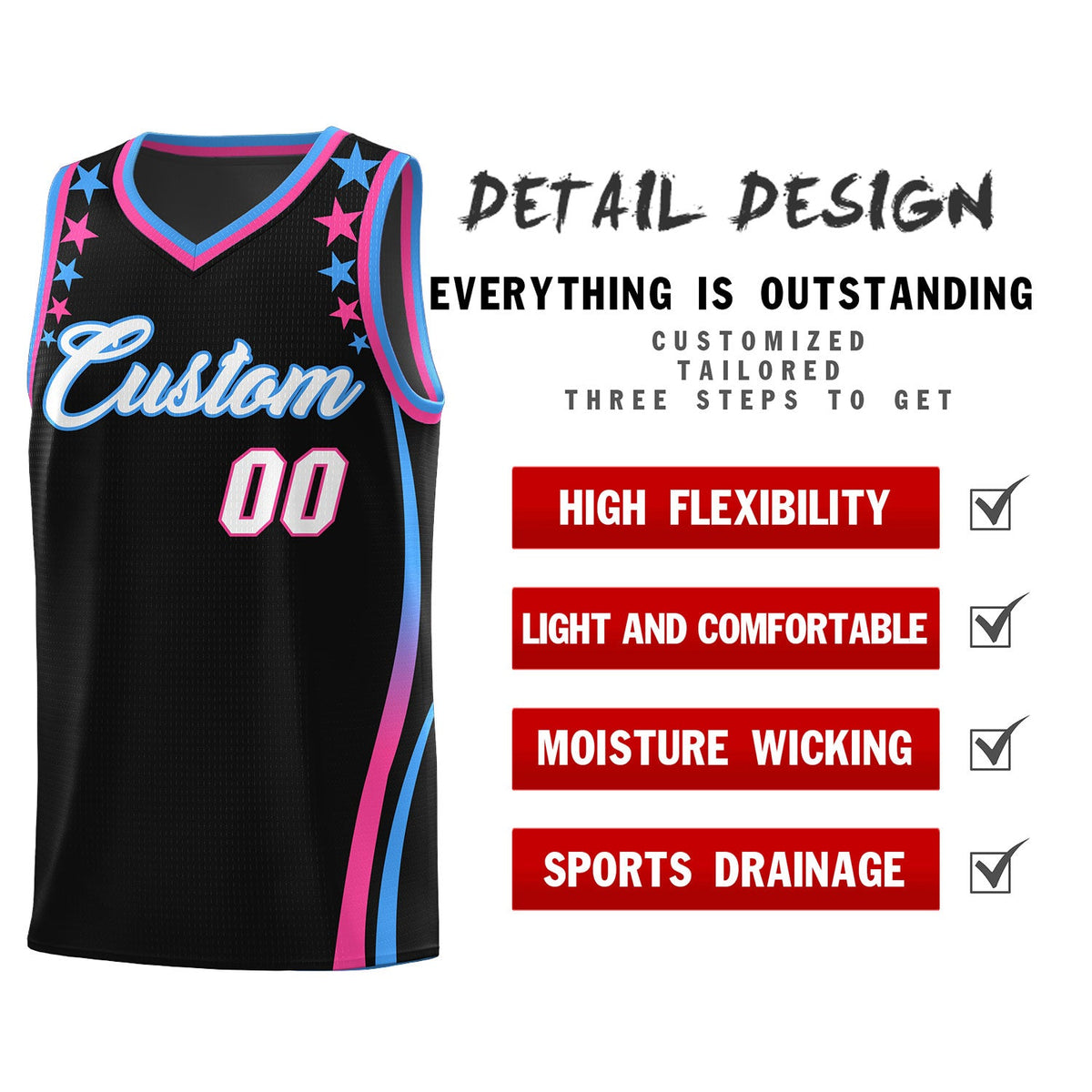 Custom Black Shoulders Star Pattern Side Color Block Sports Uniform Basketball Jersey