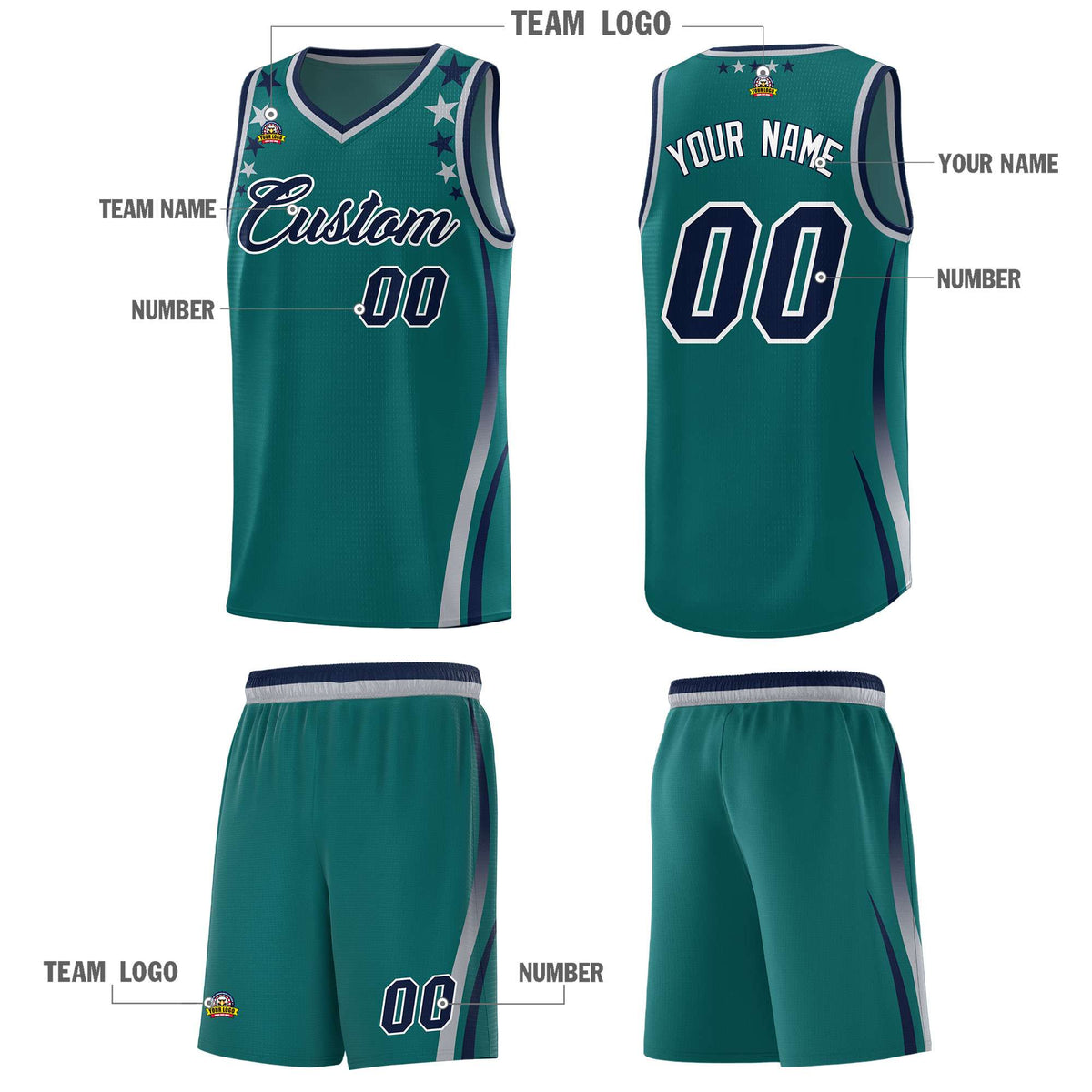 Custom Aqua Shoulders Star Pattern Side Color Block Sports Uniform Basketball Jersey