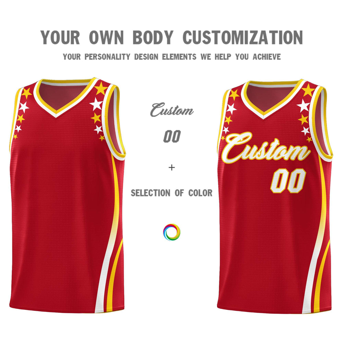 Custom Red Shoulders Star Pattern Side Color Block Sports Uniform Basketball Jersey