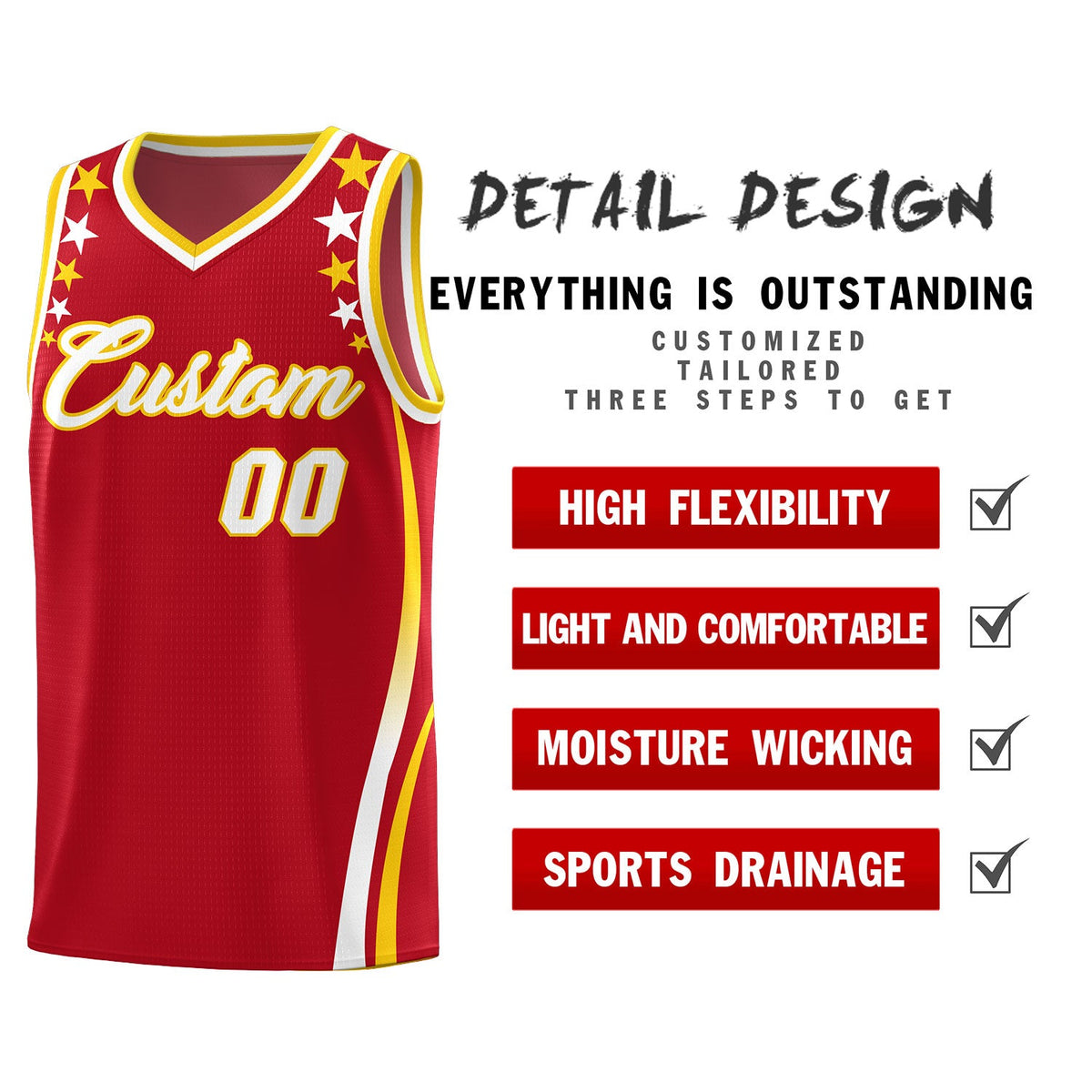 Custom Red Shoulders Star Pattern Side Color Block Sports Uniform Basketball Jersey