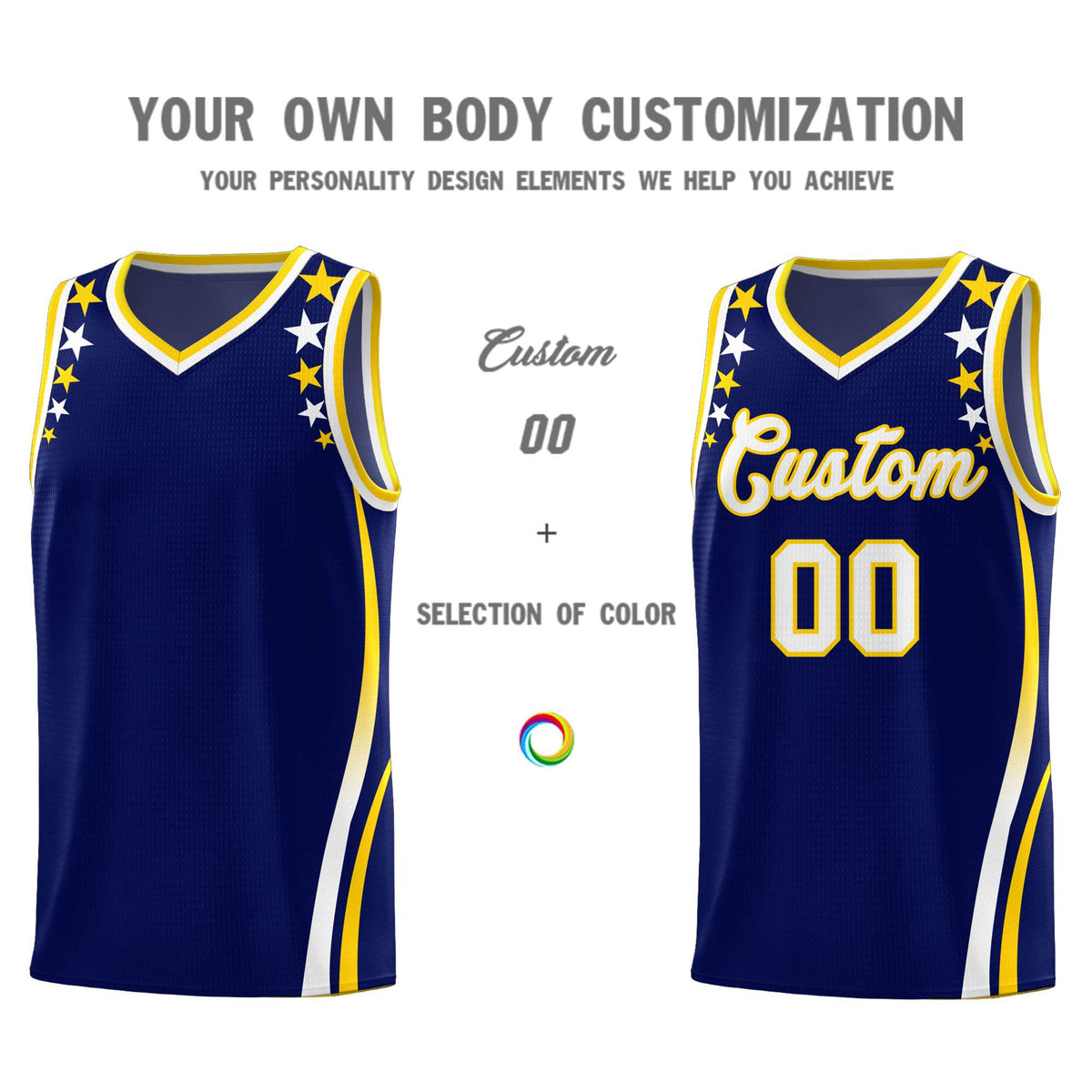 Custom Navy Shoulders Star Pattern Side Color Block Sports Uniform Basketball Jersey