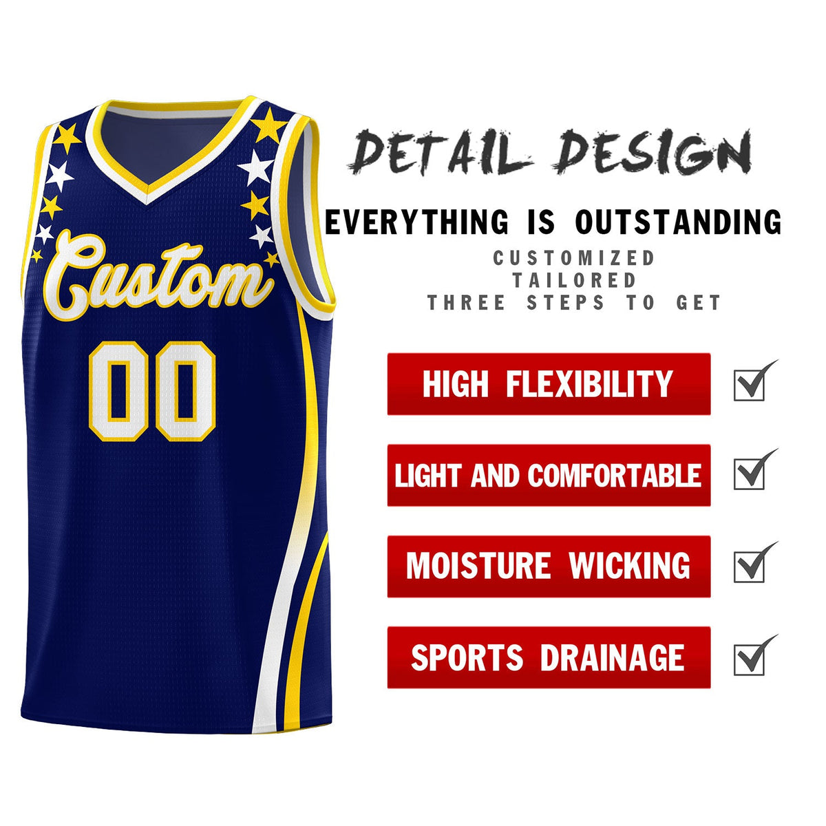 Custom Navy Shoulders Star Pattern Side Color Block Sports Uniform Basketball Jersey