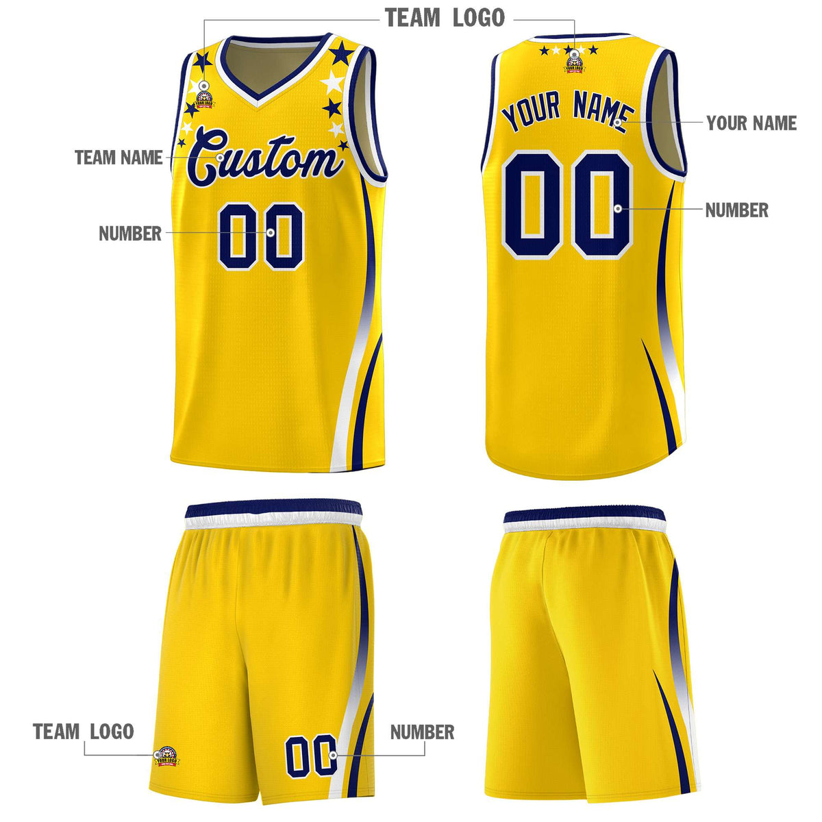 Custom Gold Shoulders Star Pattern Side Color Block Sports Uniform Basketball Jersey