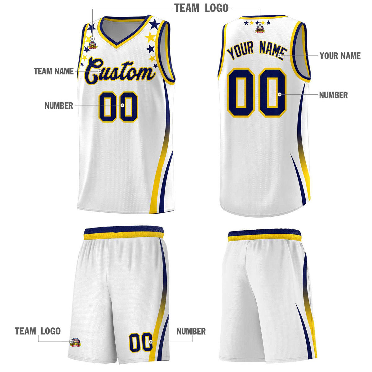 Custom White Shoulders Star Pattern Side Color Block Sports Uniform Basketball Jersey