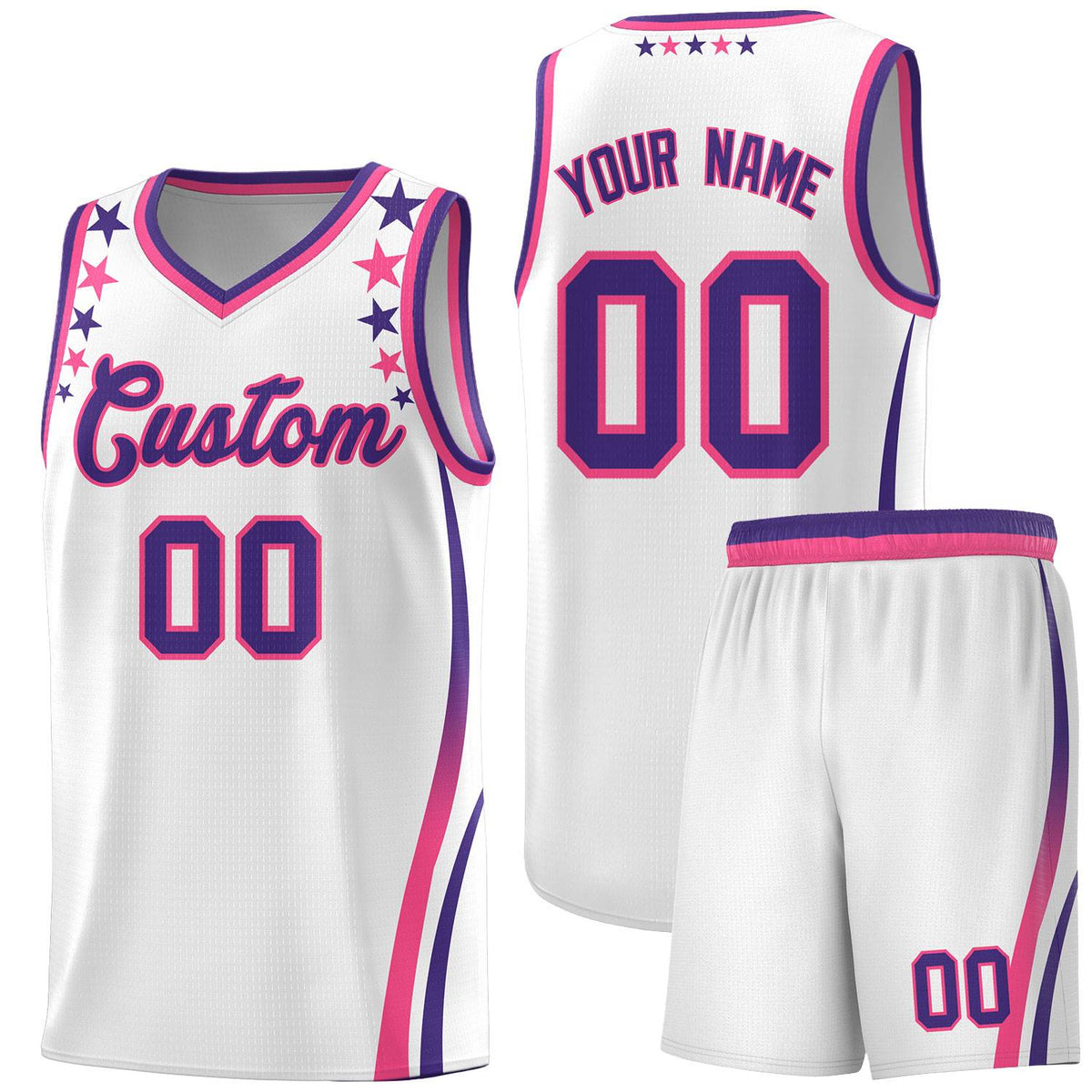 Custom White Shoulders Star Pattern Side Color Block Sports Uniform Basketball Jersey
