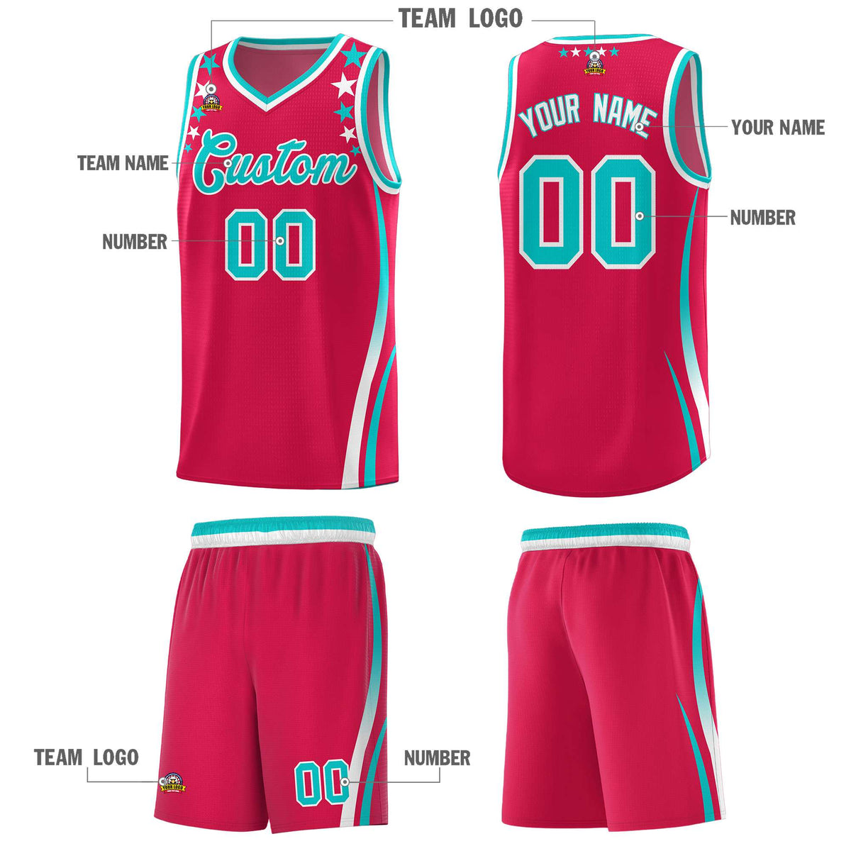 Custom Red Shoulders Star Pattern Side Color Block Sports Uniform Basketball Jersey