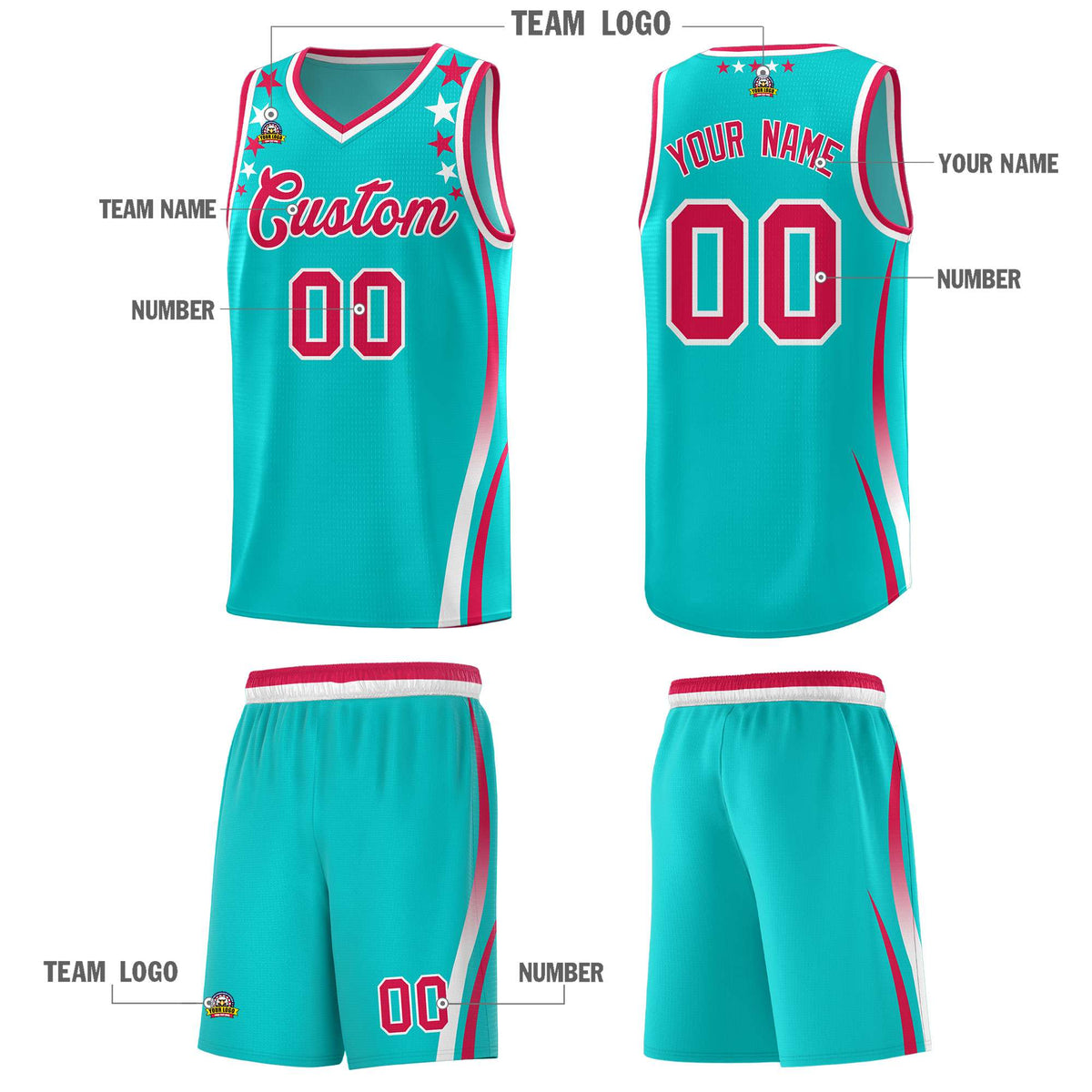 Custom Sky Blue Shoulders Star Pattern Side Color Block Sports Uniform Basketball Jersey
