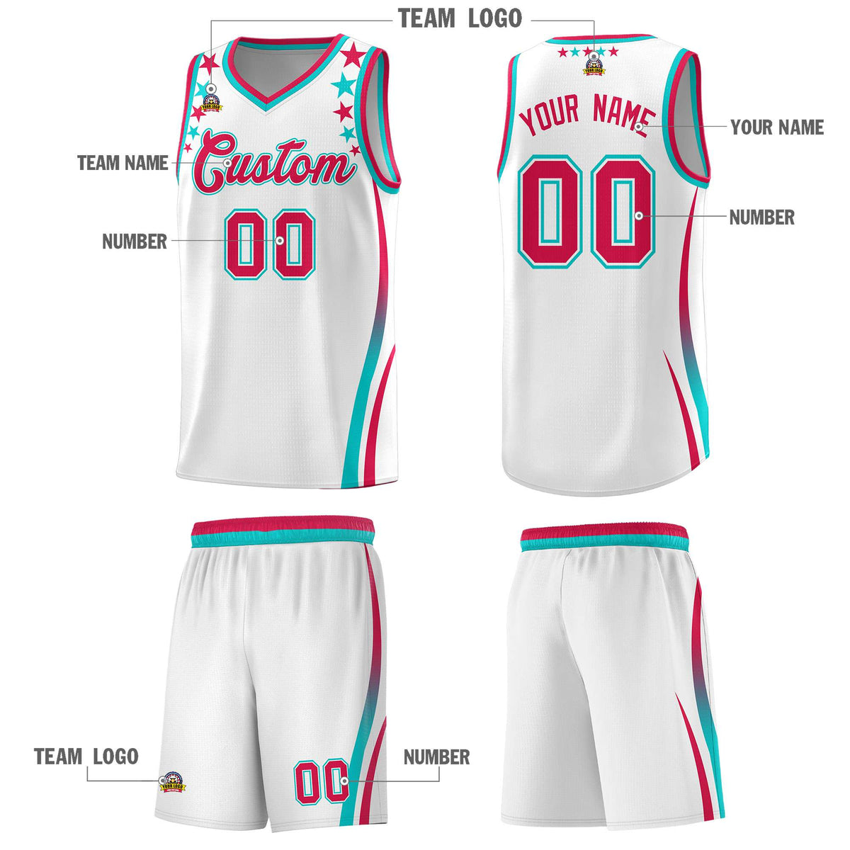 Custom White Shoulders Star Pattern Side Color Block Sports Uniform Basketball Jersey
