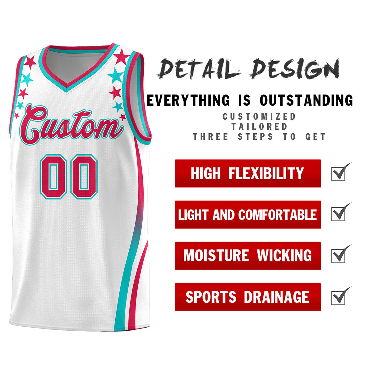 Custom White Shoulders Star Pattern Side Color Block Sports Uniform Basketball Jersey