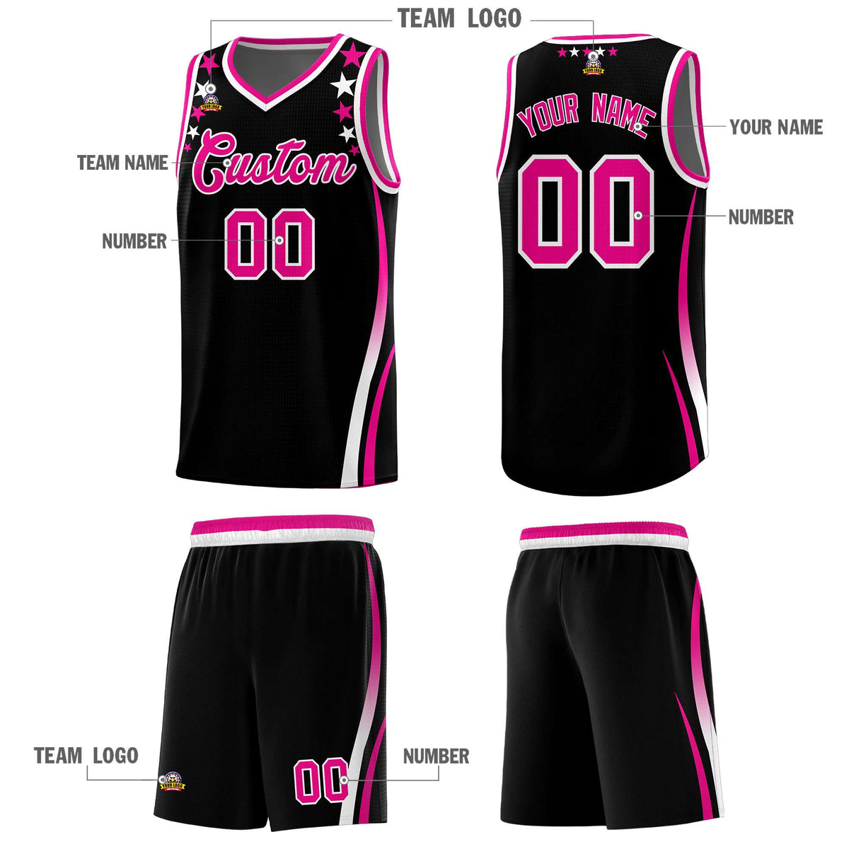 Custom Black Shoulders Star Pattern Side Color Block Sports Uniform Basketball Jersey