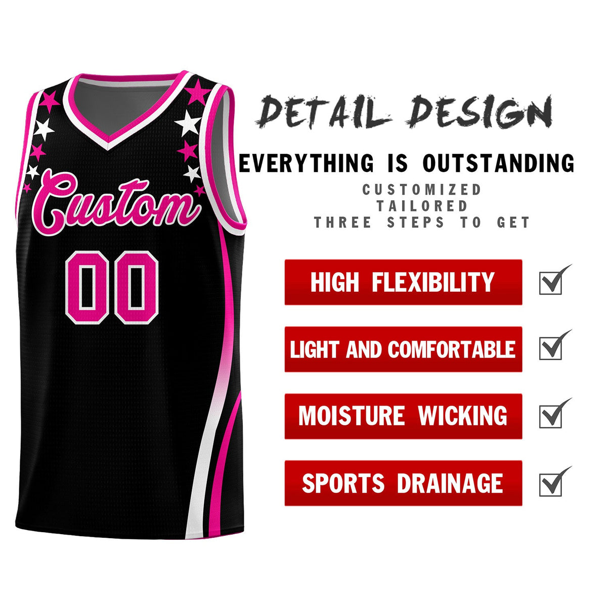 Custom Black Shoulders Star Pattern Side Color Block Sports Uniform Basketball Jersey