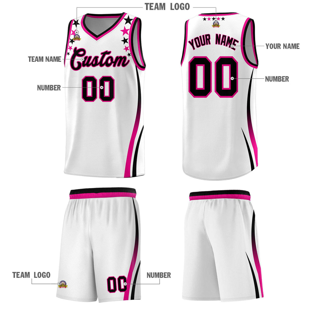 Custom White Shoulders Star Pattern Side Color Block Sports Uniform Basketball Jersey