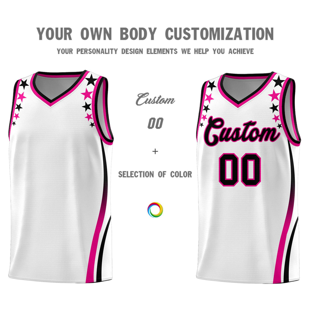 Custom White Shoulders Star Pattern Side Color Block Sports Uniform Basketball Jersey