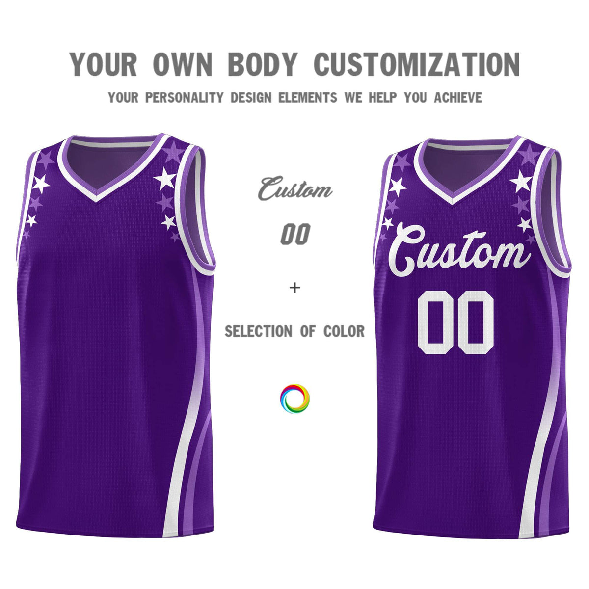 Custom Purple Shoulders Star Pattern Side Color Block Sports Uniform Basketball Jersey