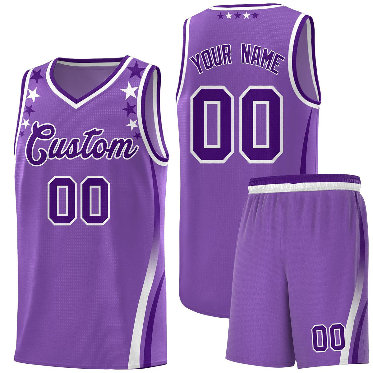 Custom Light Purple Shoulders Star Pattern Side Color Block Sports Uniform Basketball Jersey