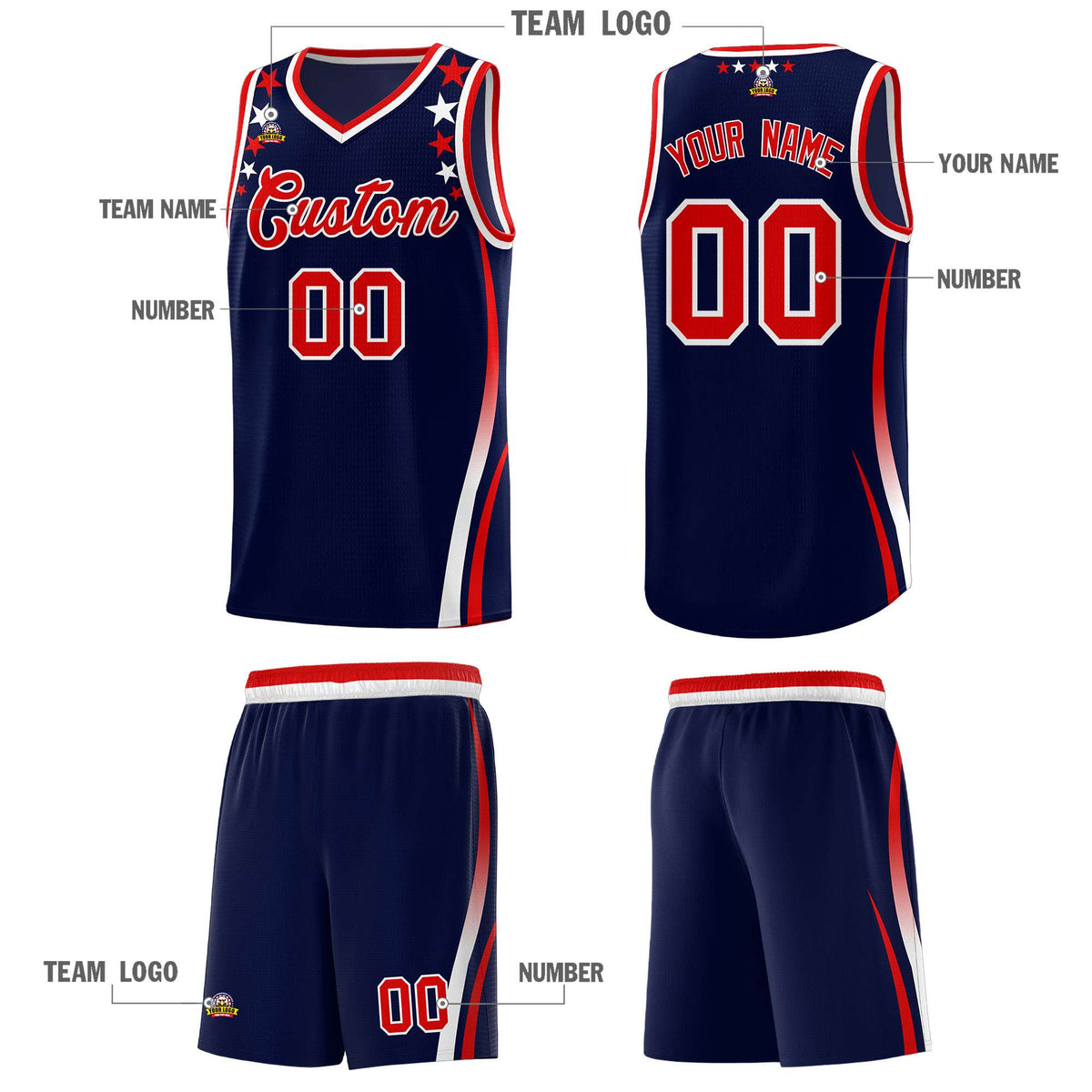 Custom Navy Shoulders Star Pattern Side Color Block Sports Uniform Basketball Jersey