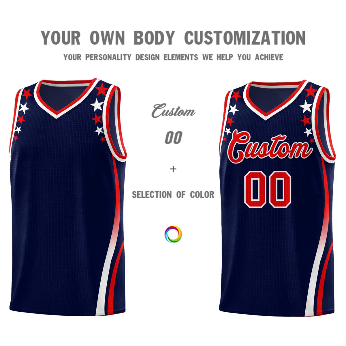 Custom Navy Shoulders Star Pattern Side Color Block Sports Uniform Basketball Jersey