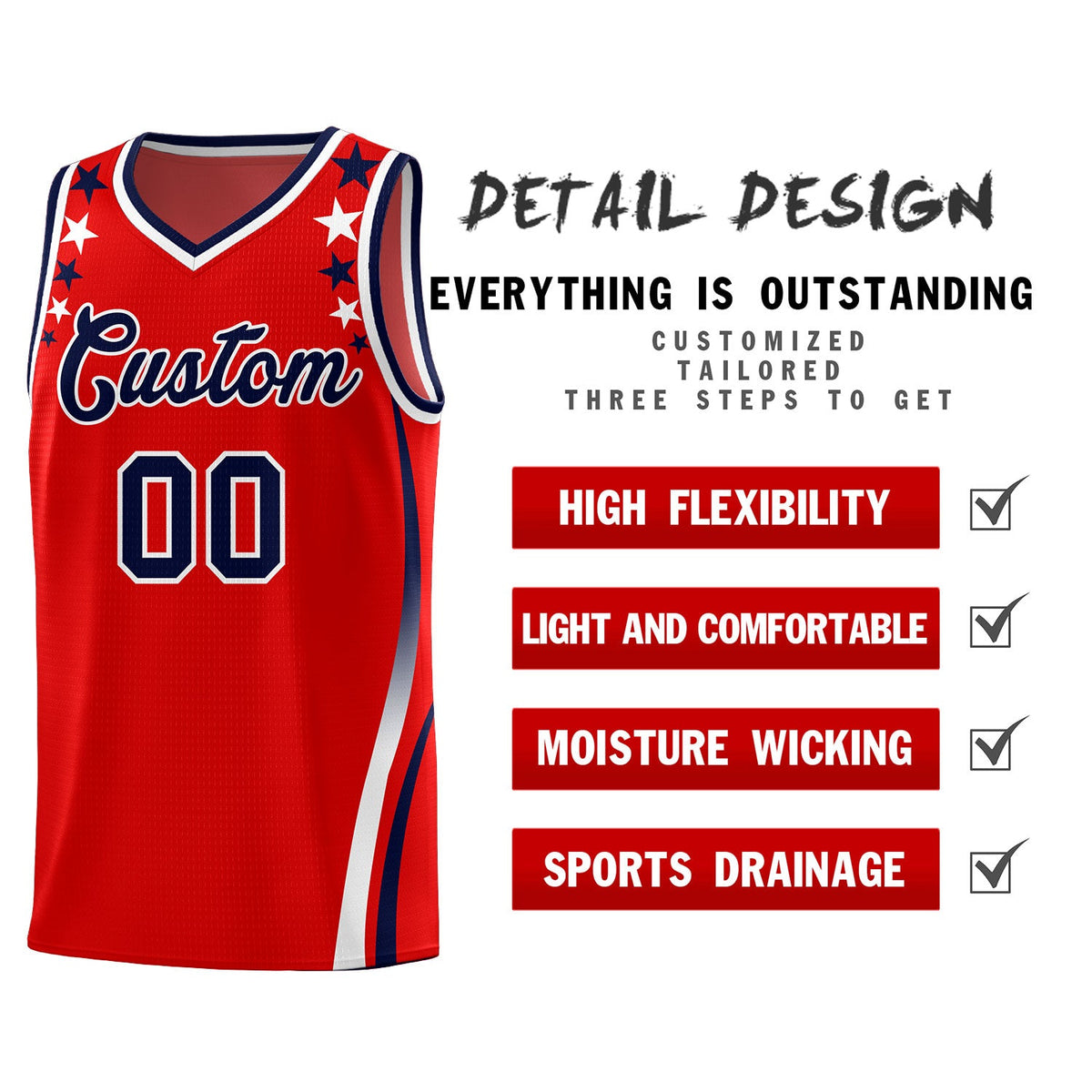 Custom Red Shoulders Star Pattern Side Color Block Sports Uniform Basketball Jersey