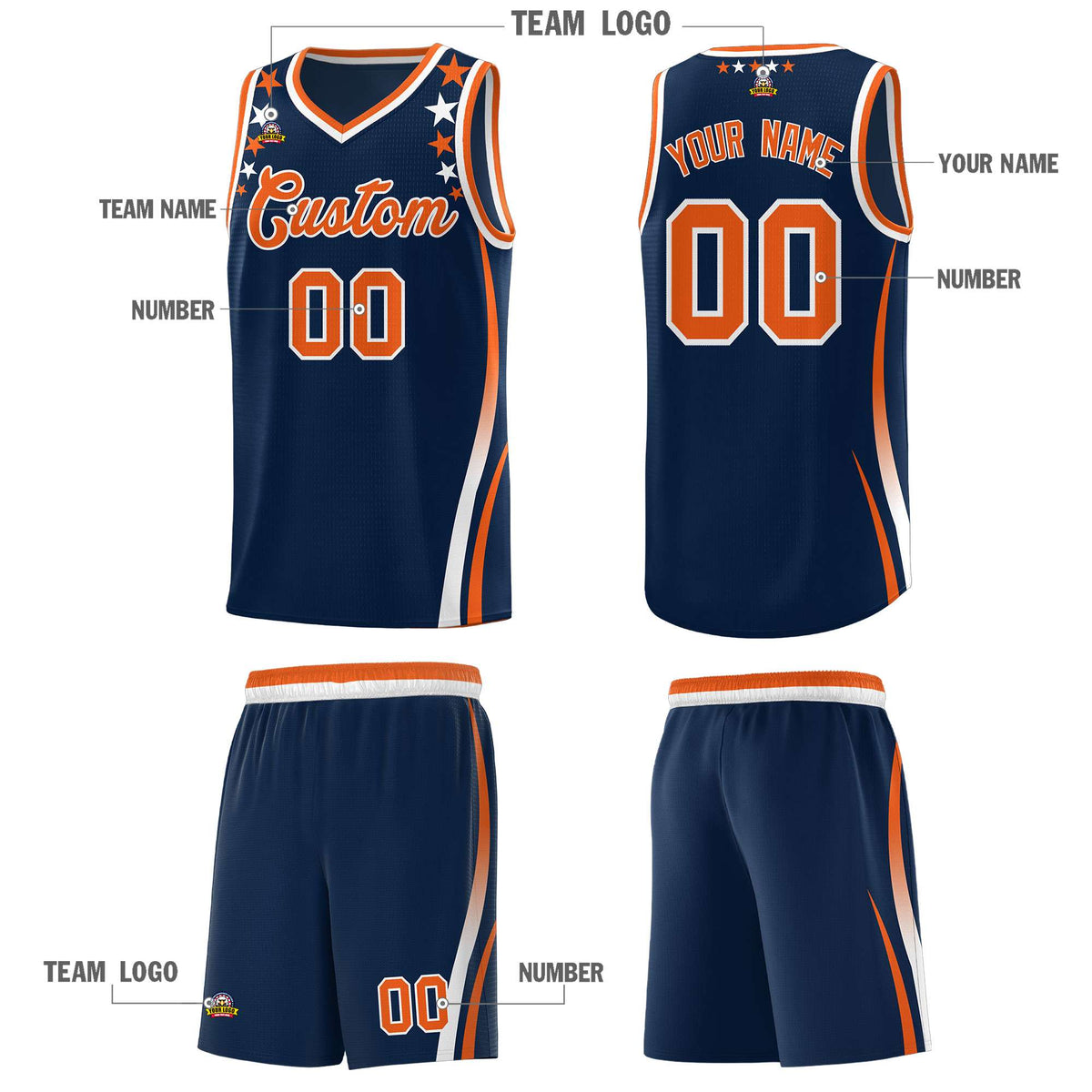 Custom Navy Shoulders Star Pattern Side Color Block Sports Uniform Basketball Jersey