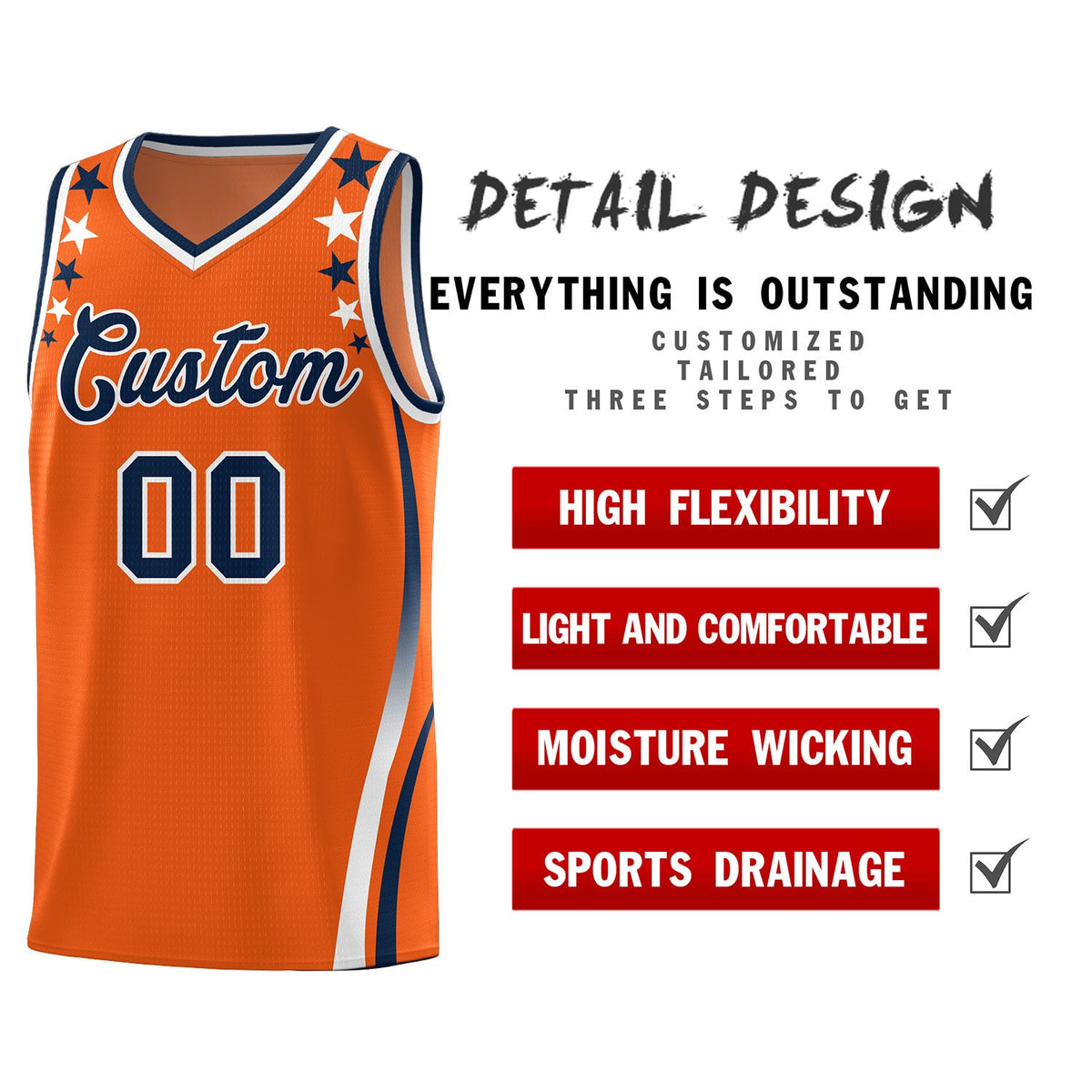 Custom Orange Shoulders Star Pattern Side Color Block Sports Uniform Basketball Jersey