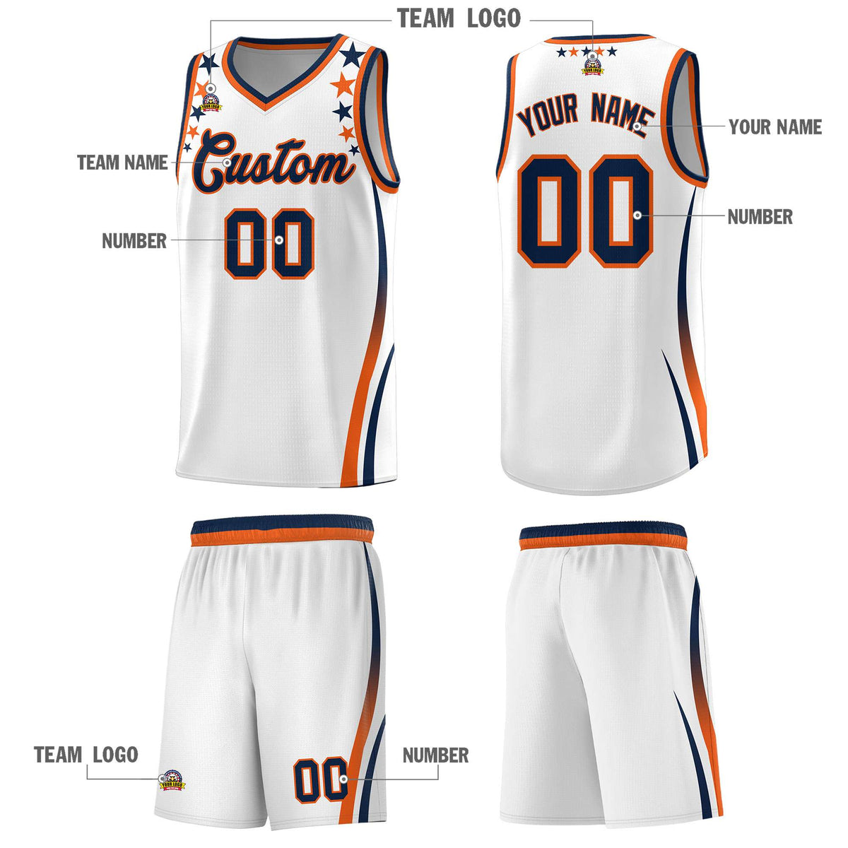 Custom White Shoulders Star Pattern Side Color Block Sports Uniform Basketball Jersey