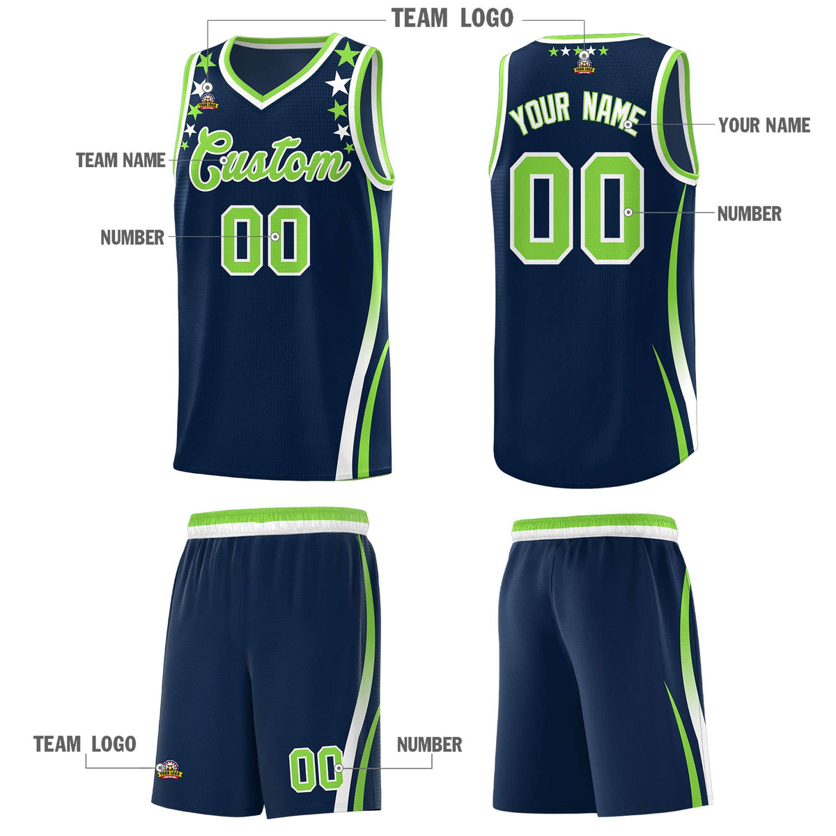 Custom Navy Shoulders Star Pattern Side Color Block Sports Uniform Basketball Jersey