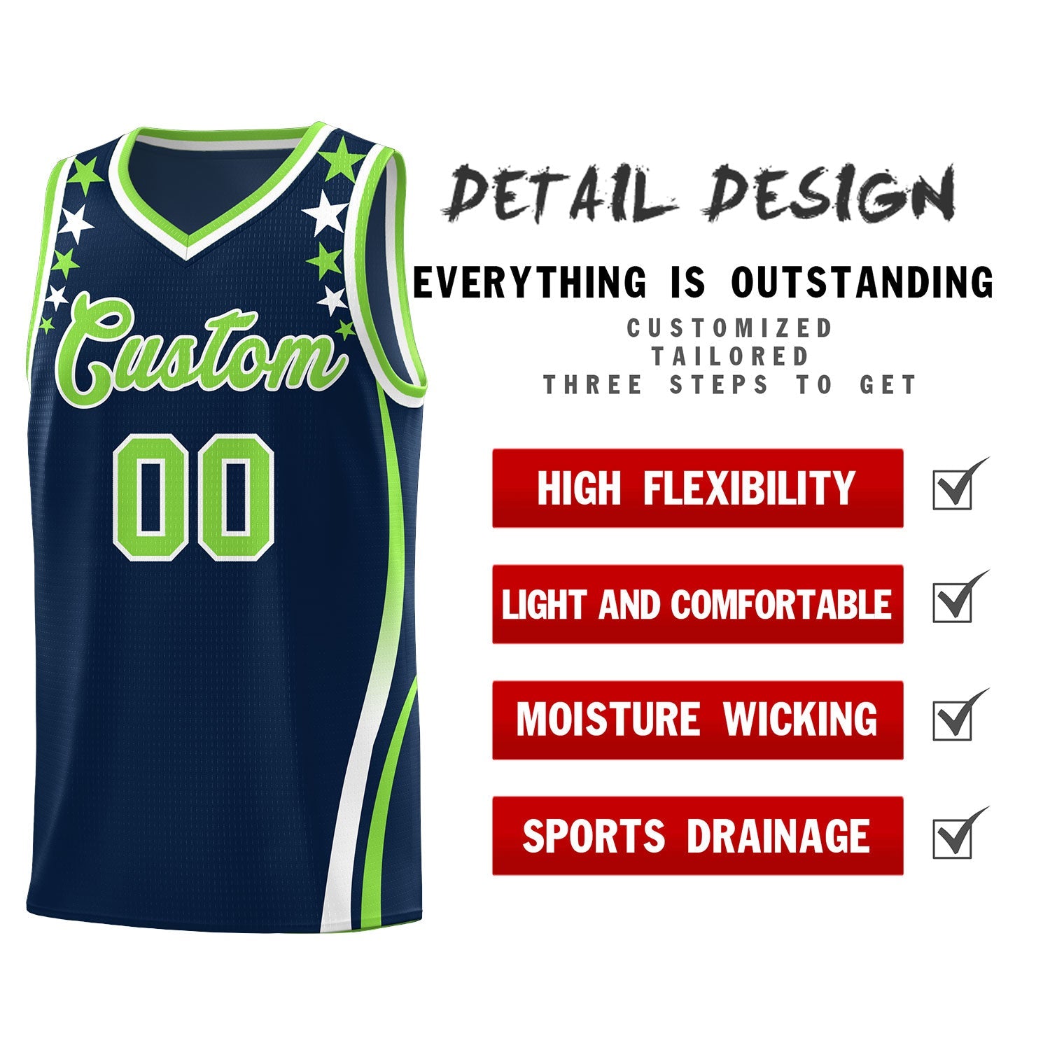 Custom Navy Shoulders Star Pattern Side Color Block Sports Uniform Basketball Jersey