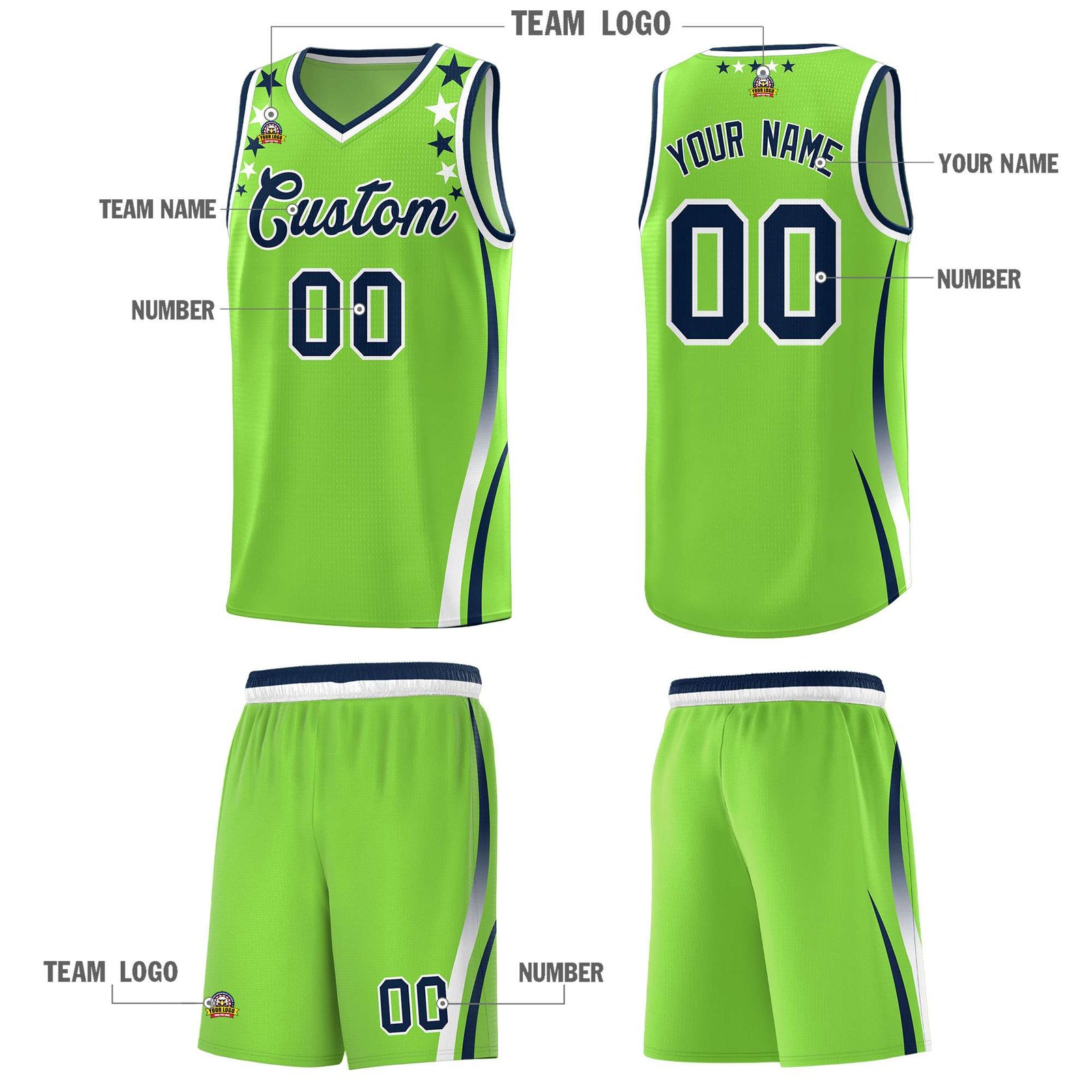 Custom Neon Green Shoulders Star Pattern Side Color Block Sports Uniform Basketball Jersey