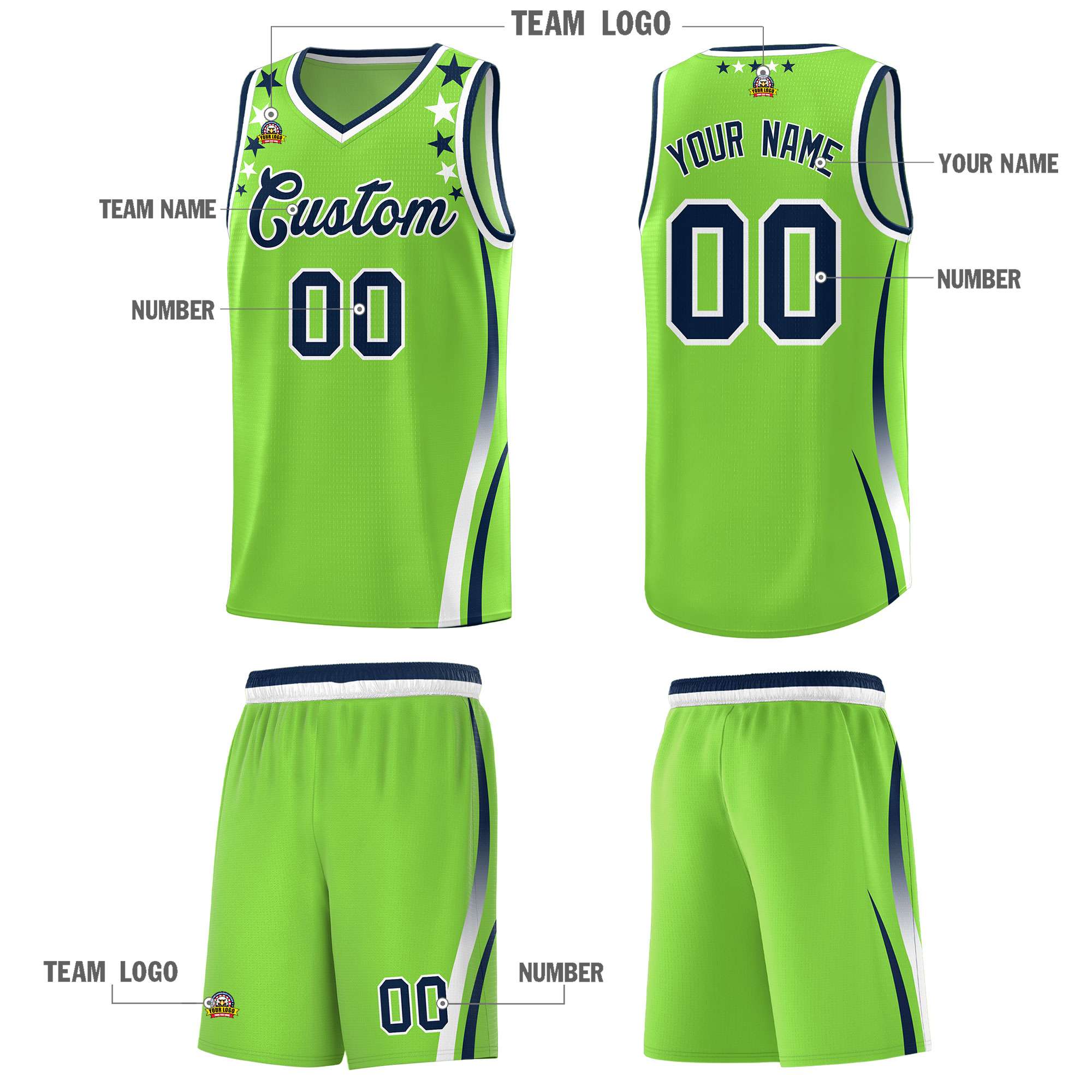 Custom Neon Green Shoulders Star Pattern Side Color Block Sports Uniform Basketball Jersey
