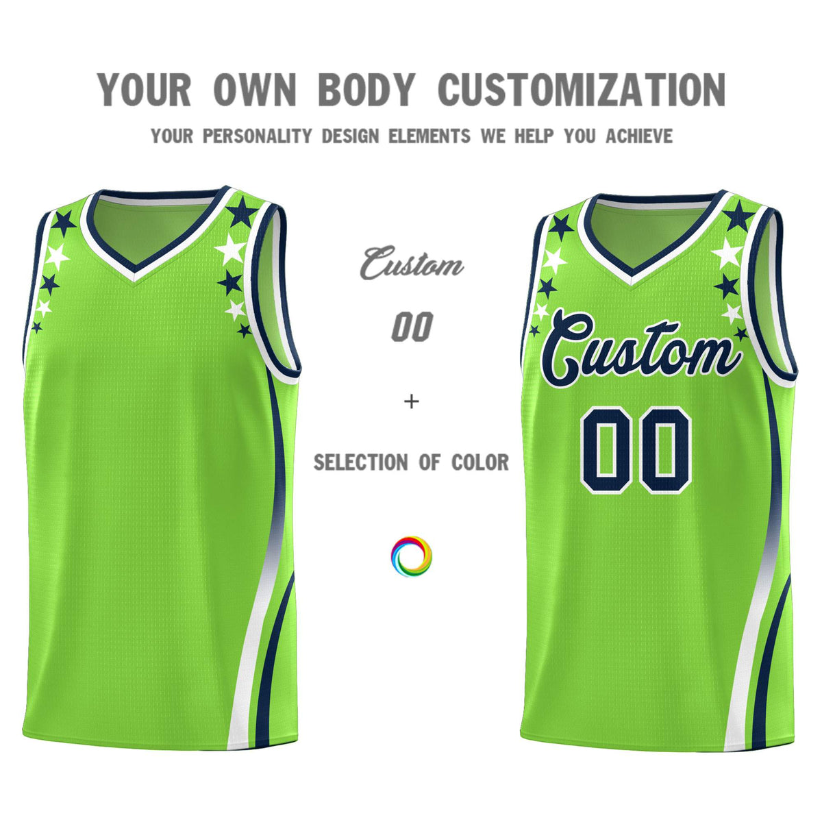 Custom Neon Green Shoulders Star Pattern Side Color Block Sports Uniform Basketball Jersey