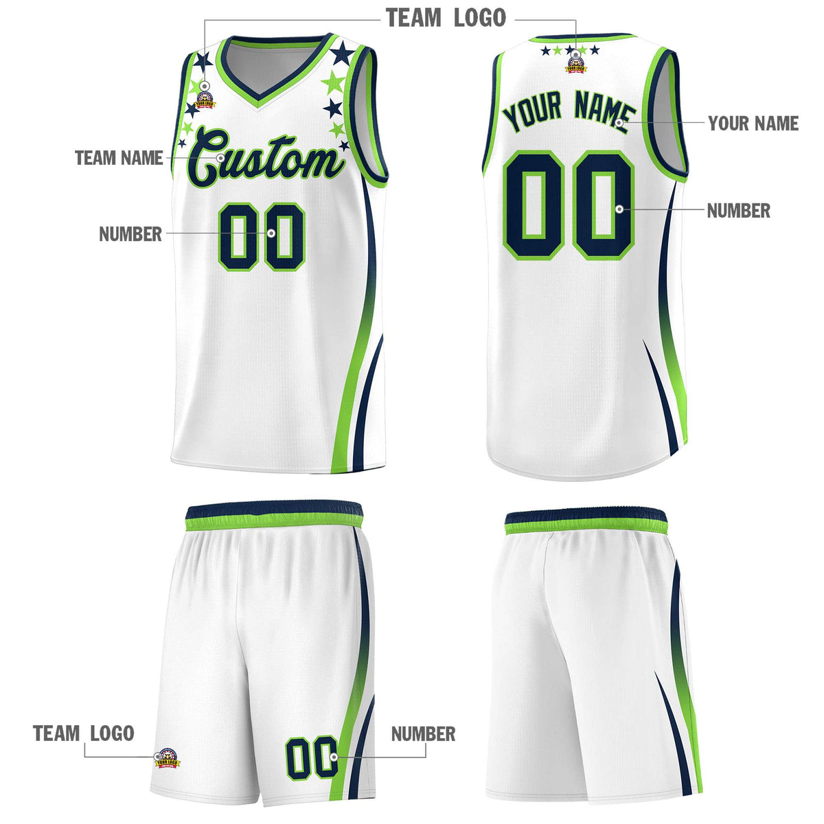 Custom White Shoulders Star Pattern Side Color Block Sports Uniform Basketball Jersey