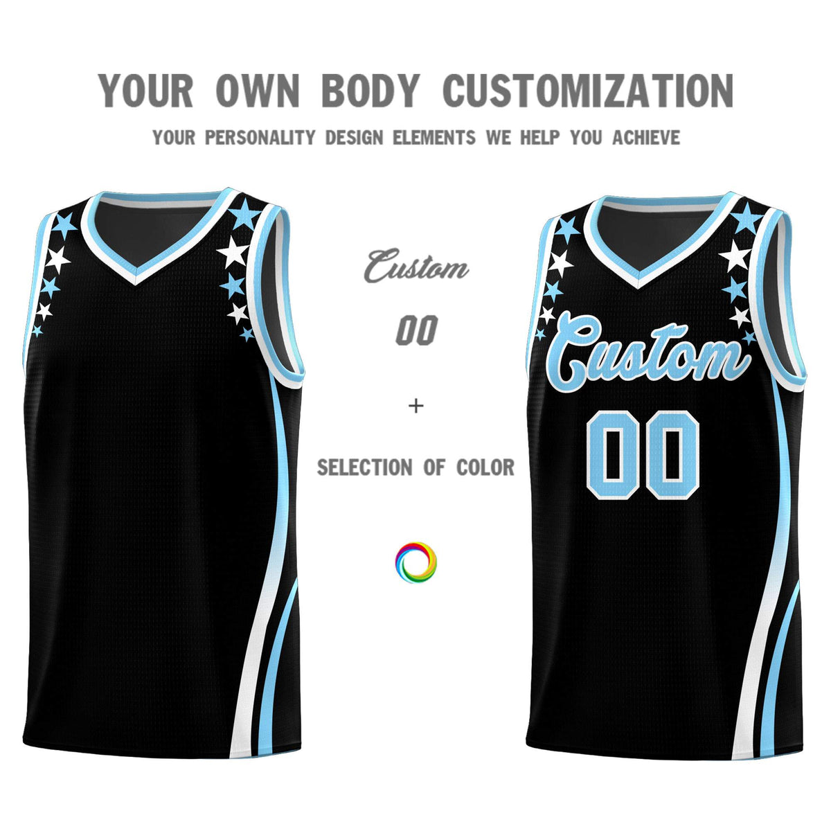 Custom Black Shoulders Star Pattern Side Color Block Sports Uniform Basketball Jersey