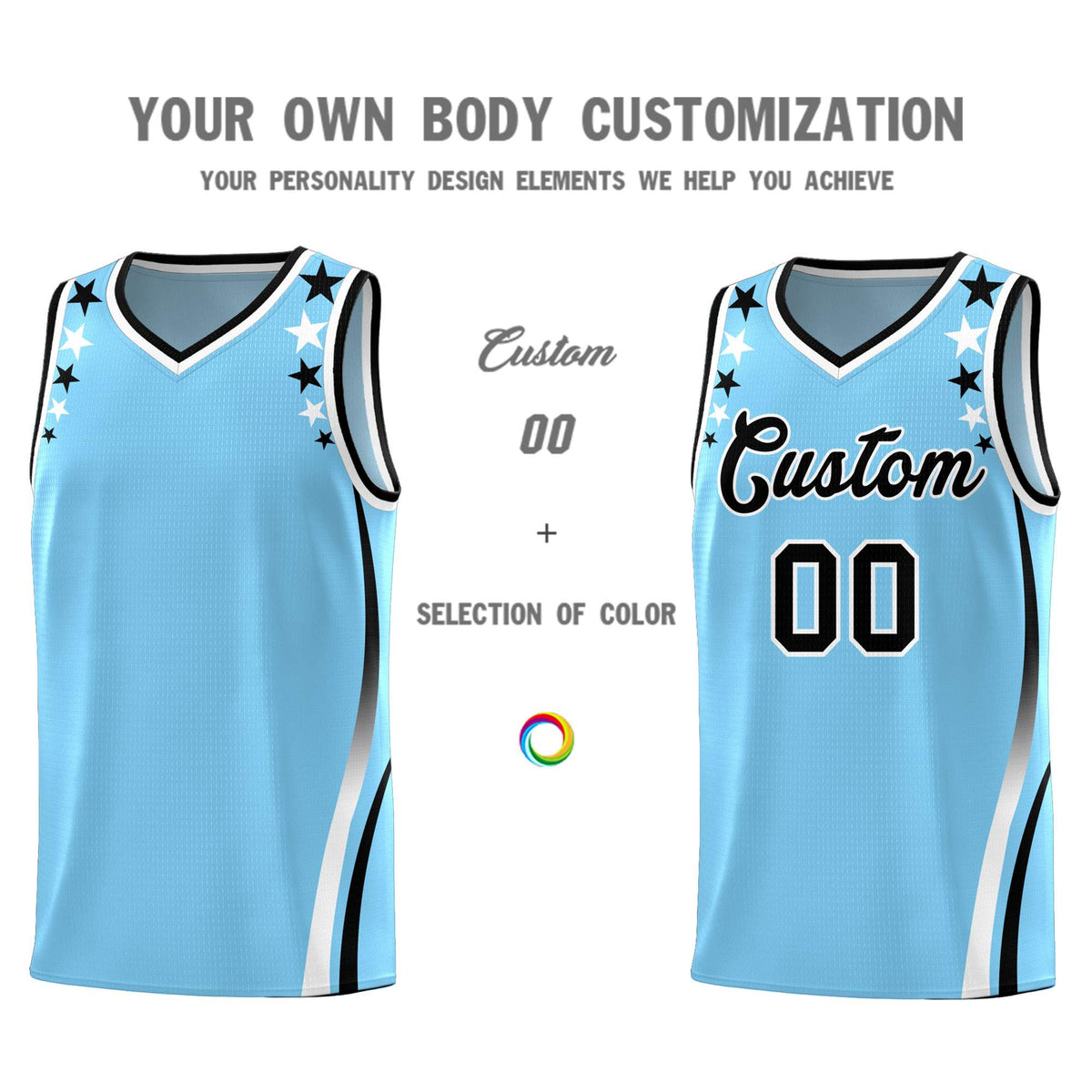 Custom Light Blue Shoulders Star Pattern Side Color Block Sports Uniform Basketball Jersey