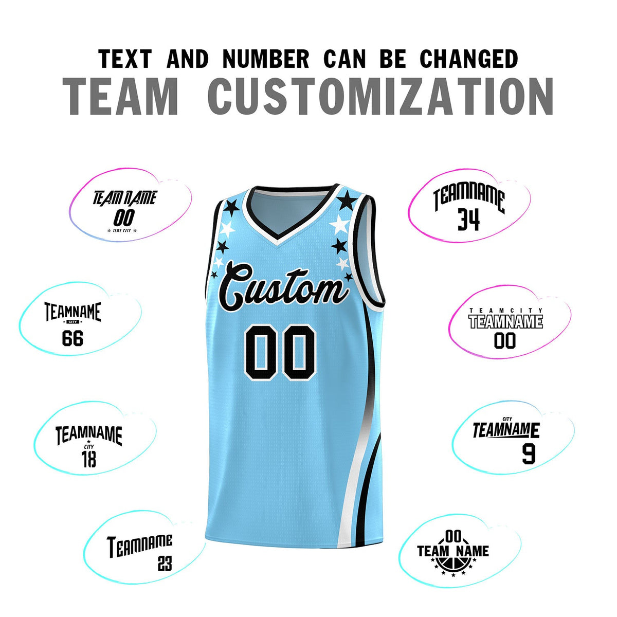 Custom Light Blue Shoulders Star Pattern Side Color Block Sports Uniform Basketball Jersey