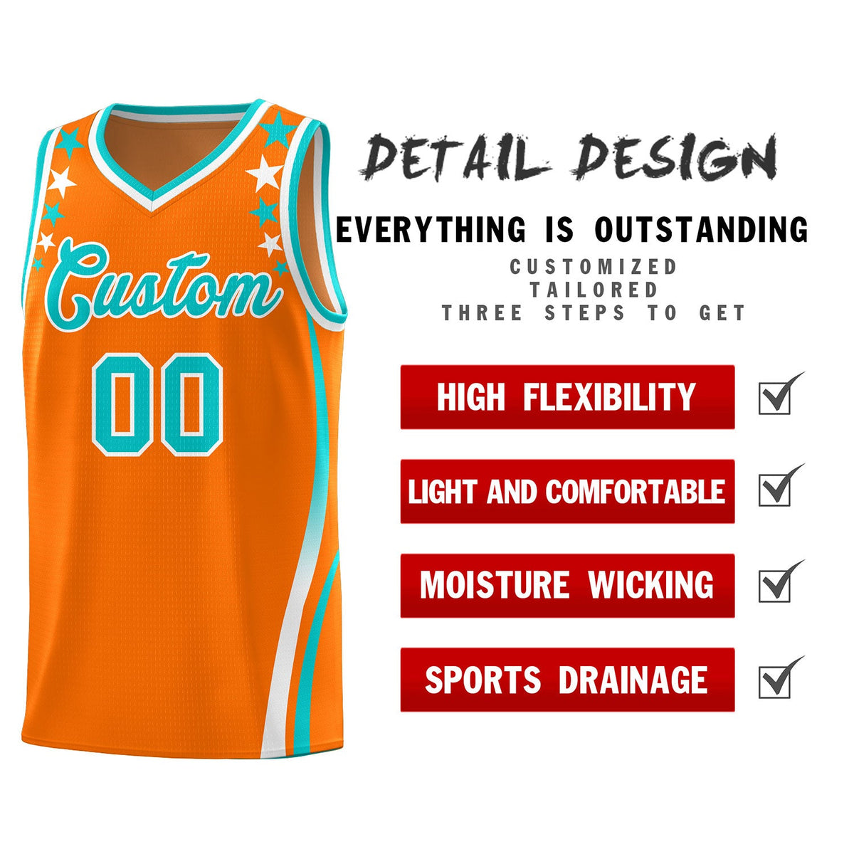 Custom Orange Shoulders Star Pattern Side Color Block Sports Uniform Basketball Jersey