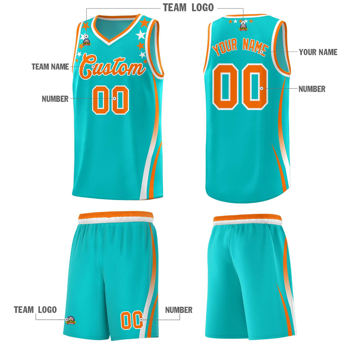 Custom Sky Blue Shoulders Star Pattern Side Color Block Sports Uniform Basketball Jersey