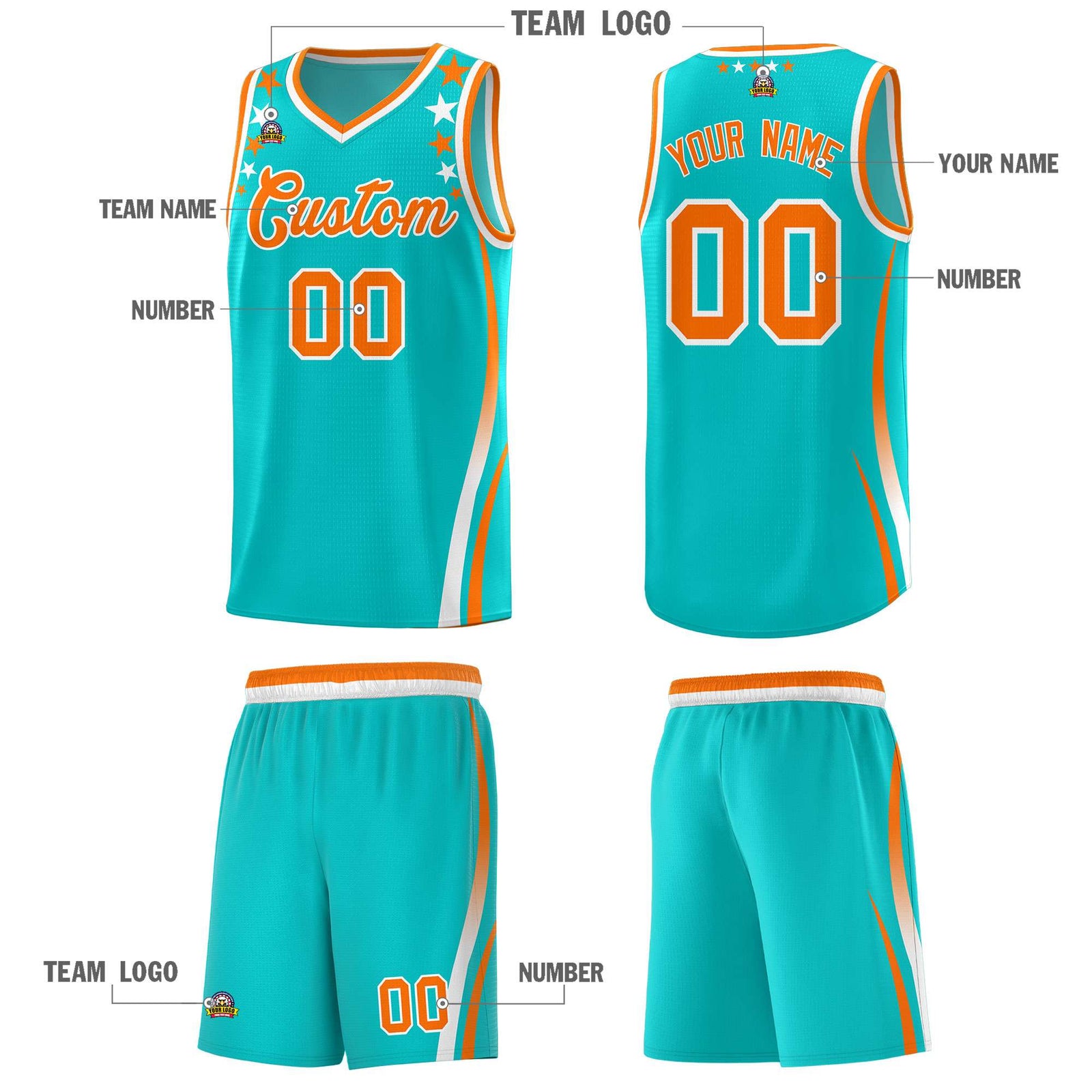Custom Sky Blue Shoulders Star Pattern Side Color Block Sports Uniform Basketball Jersey