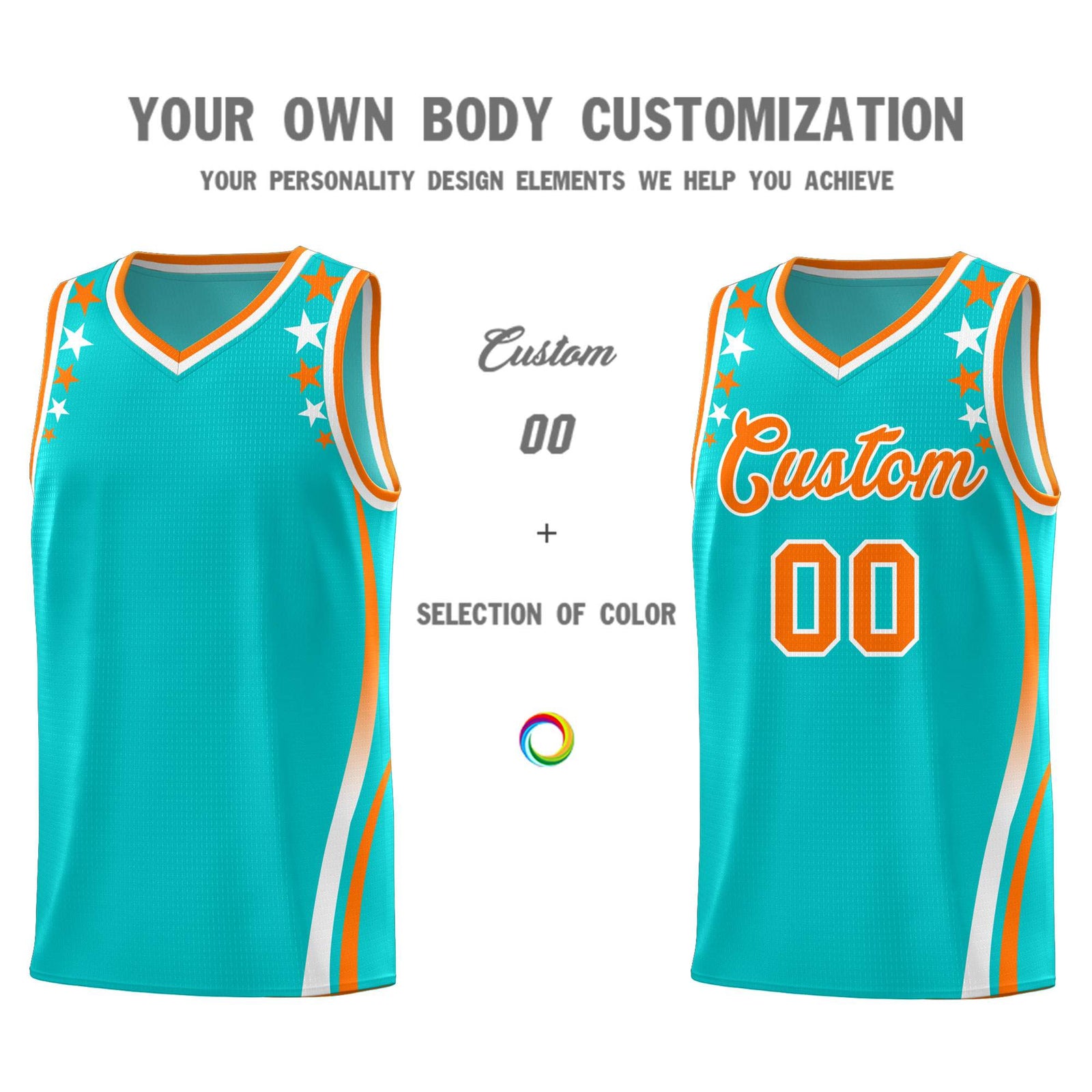 Custom Sky Blue Shoulders Star Pattern Side Color Block Sports Uniform Basketball Jersey