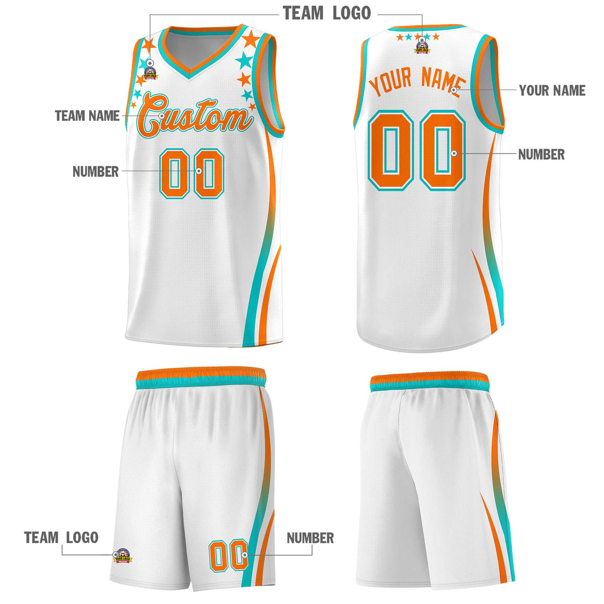Custom White Shoulders Star Pattern Side Color Block Sports Uniform Basketball Jersey