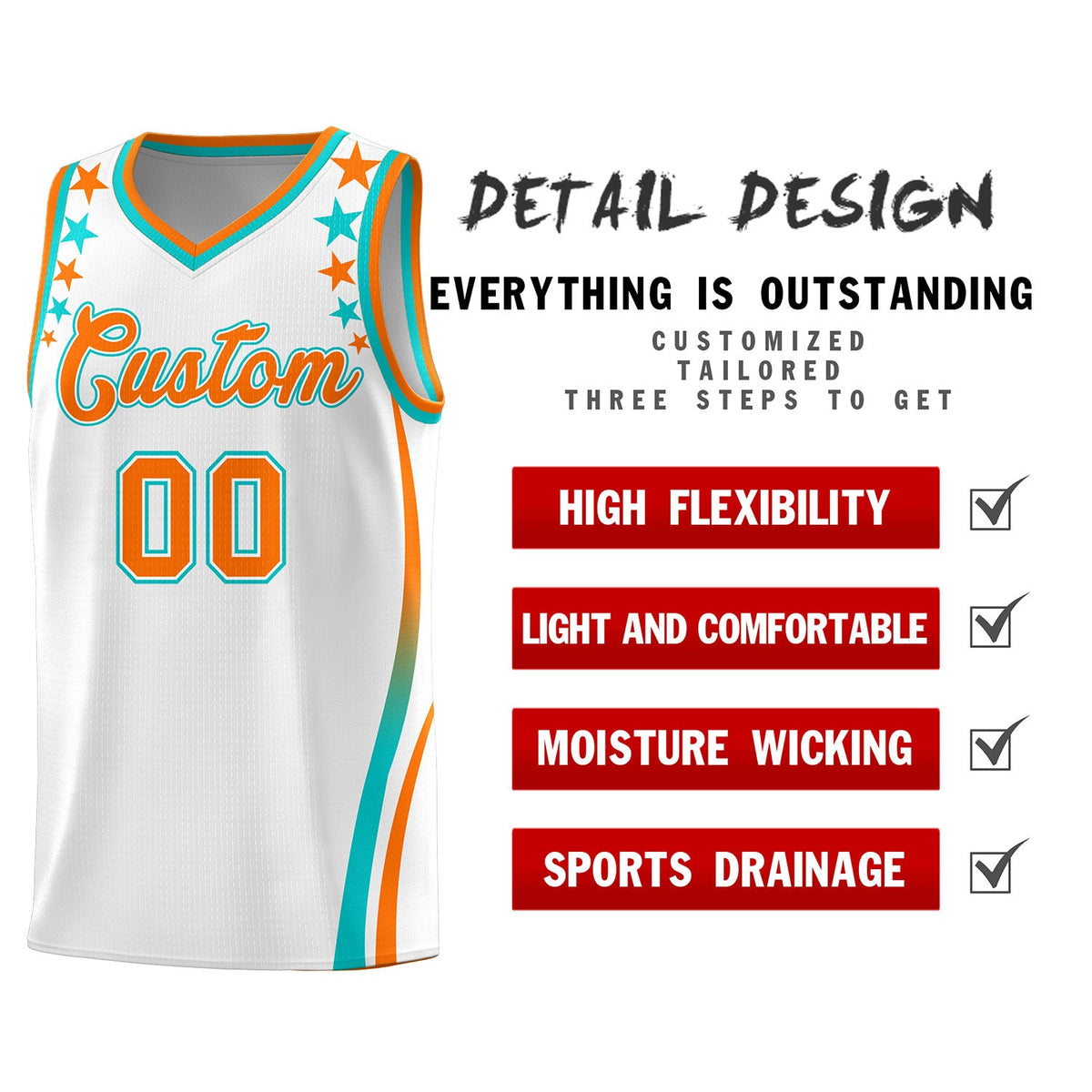 Custom White Shoulders Star Pattern Side Color Block Sports Uniform Basketball Jersey