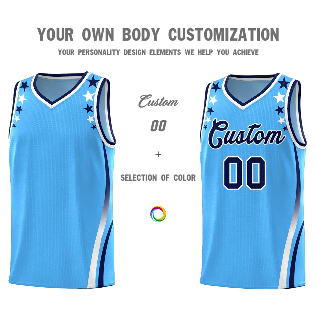 Custom Light Blue Shoulders Star Pattern Side Color Block Sports Uniform Basketball Jersey