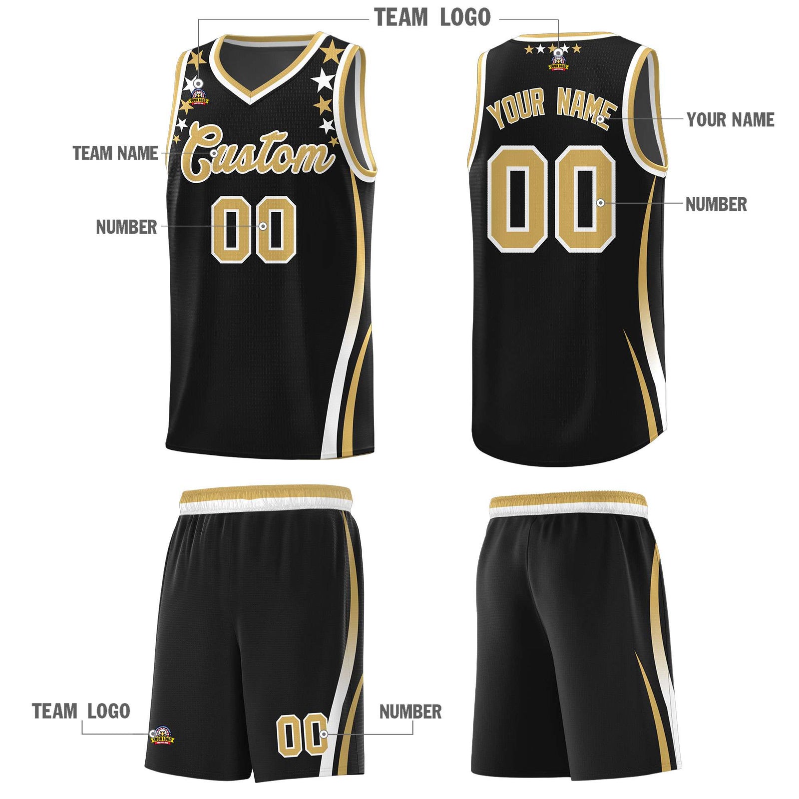 Custom Black Shoulders Star Pattern Side Color Block Sports Uniform Basketball Jersey
